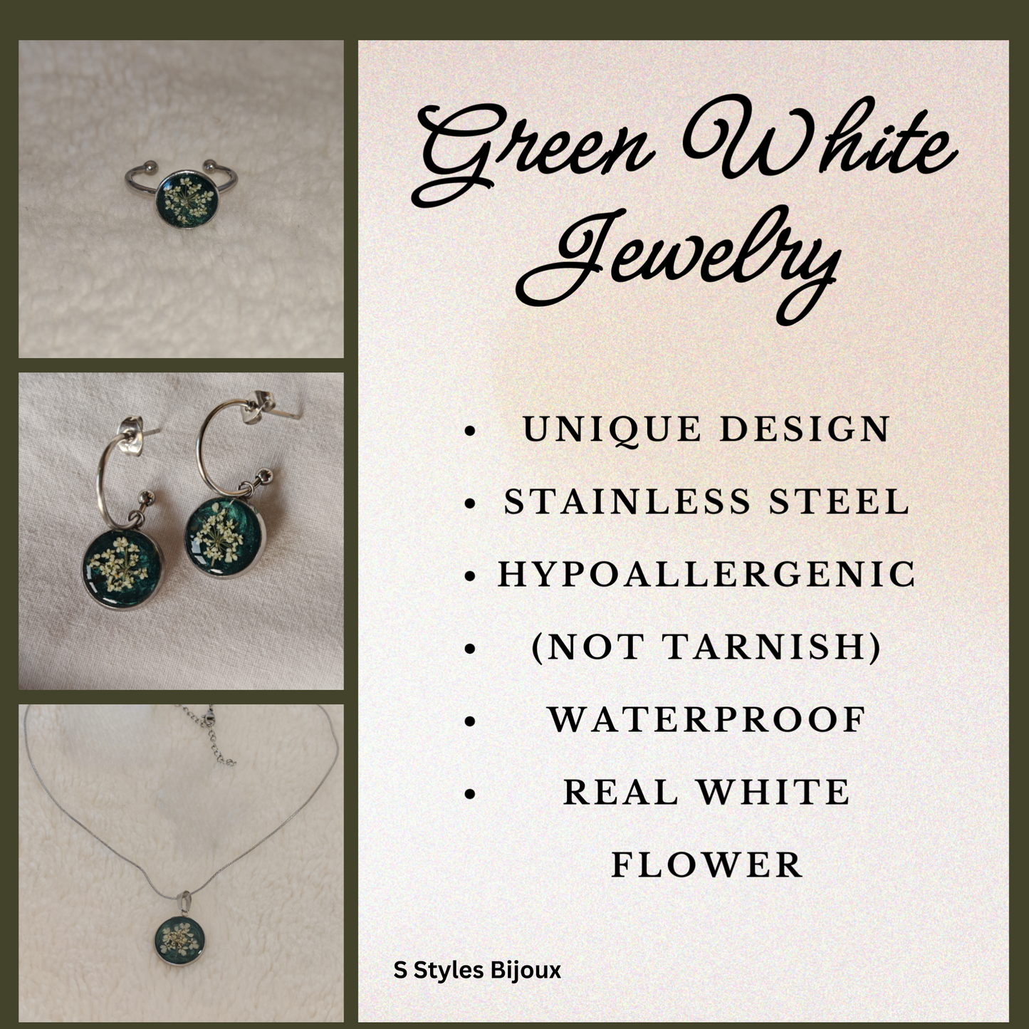 Jewelry Set – Real White Queen Anne’s Lace Flower with Green Glitter Background - Stainless Steel Jewelry