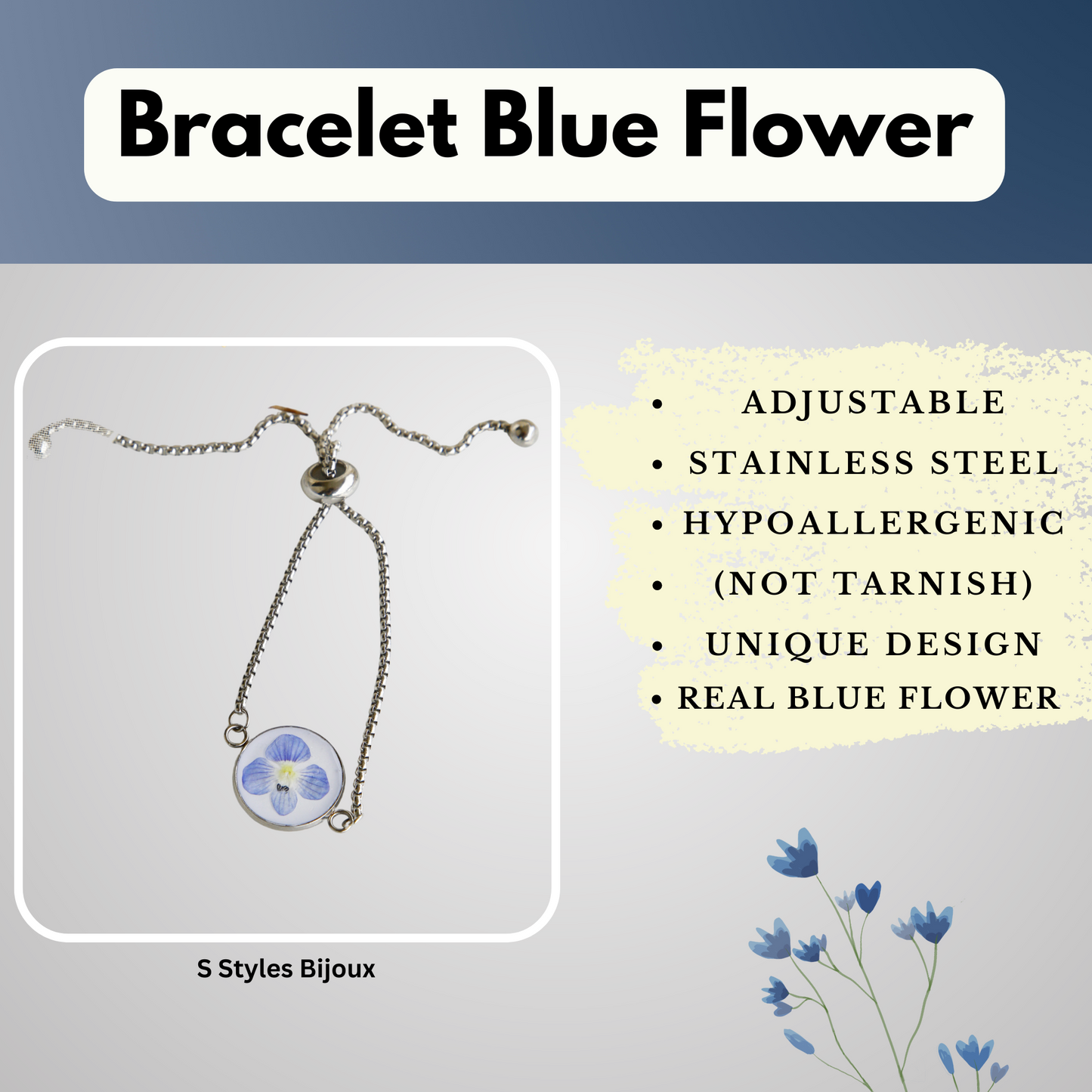 Bracelet Adjustable – Real Blue Flower - Handmade Jewelry