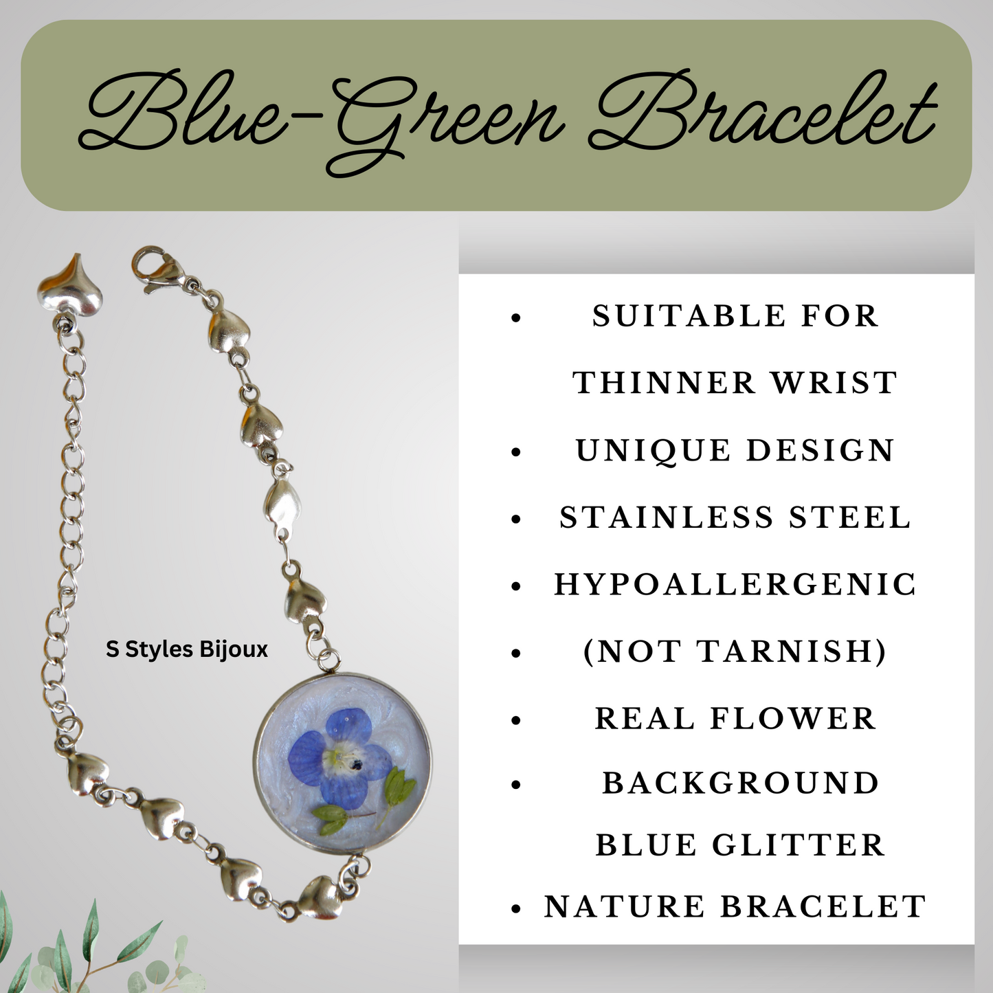 Bracelet Chain – Real Blue Flower with Green Leaves and Blue Glitter Background