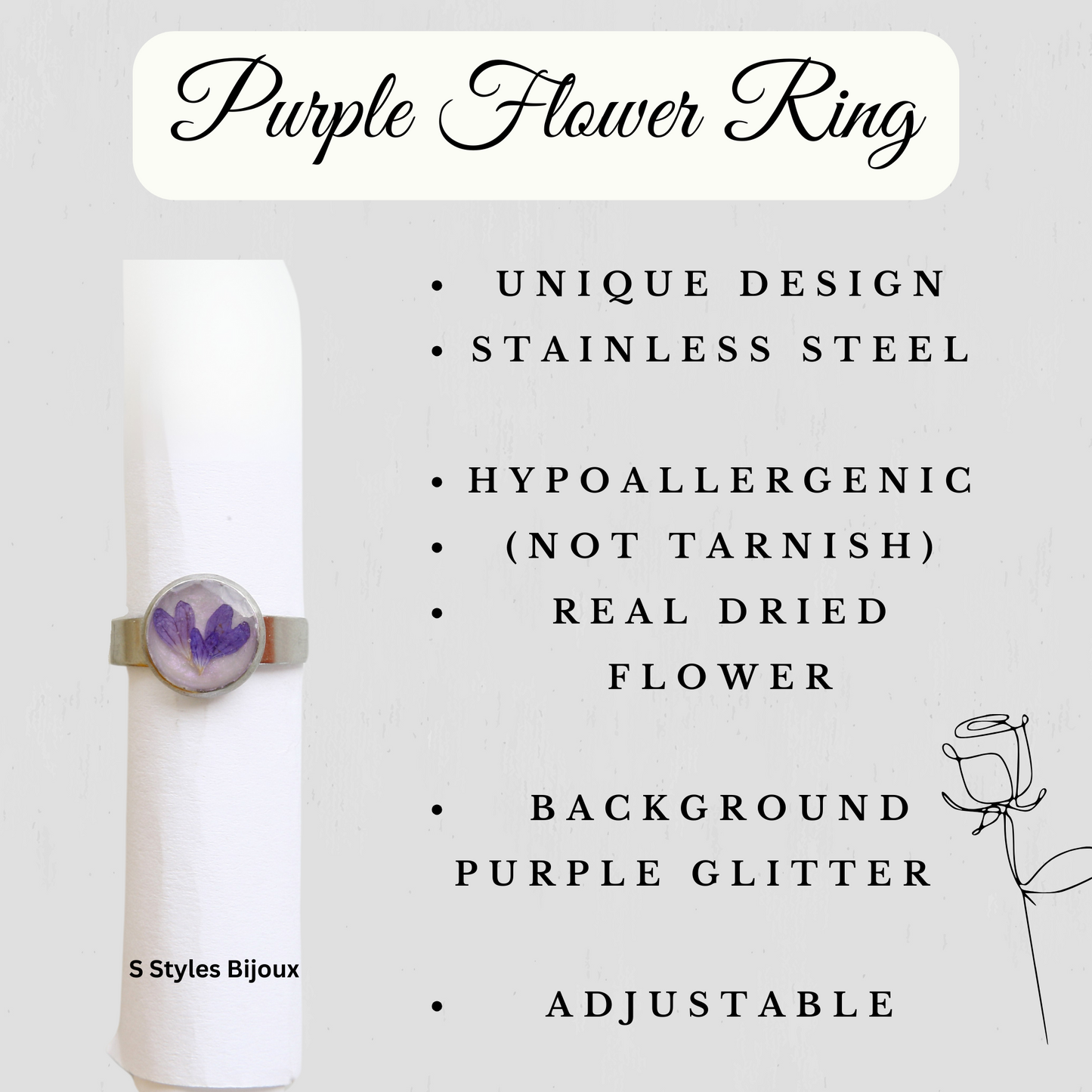 Adjustable Purple Heart Flower Ring – Handmade Stainless Steel Ring with Real Dried Flower & Glitter Background
