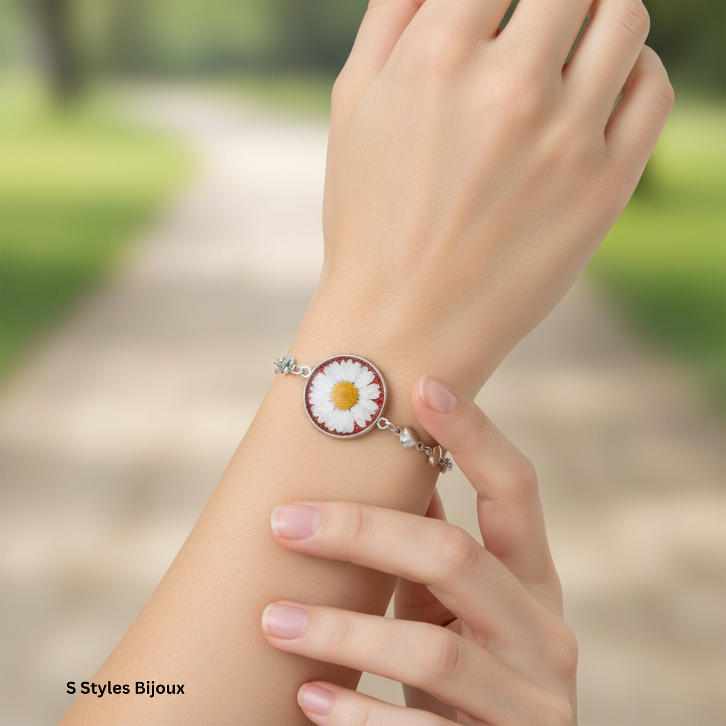 Bracelet Chain – Real Daisy Flower with Pink Glitter Background - Handmade Jewelry