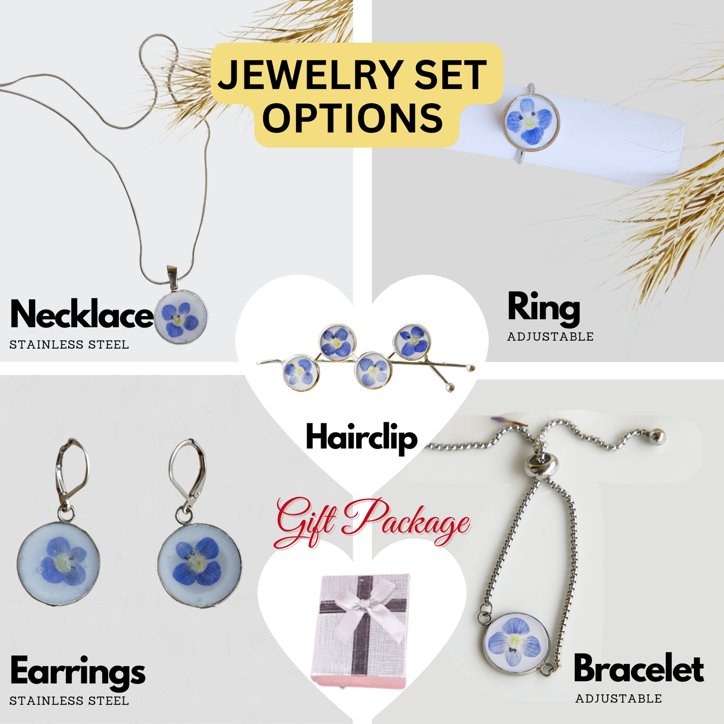 Hair Pin Silver with Real Blue Flowers – Strong Hold + Polish Cloth - Hair Accessories