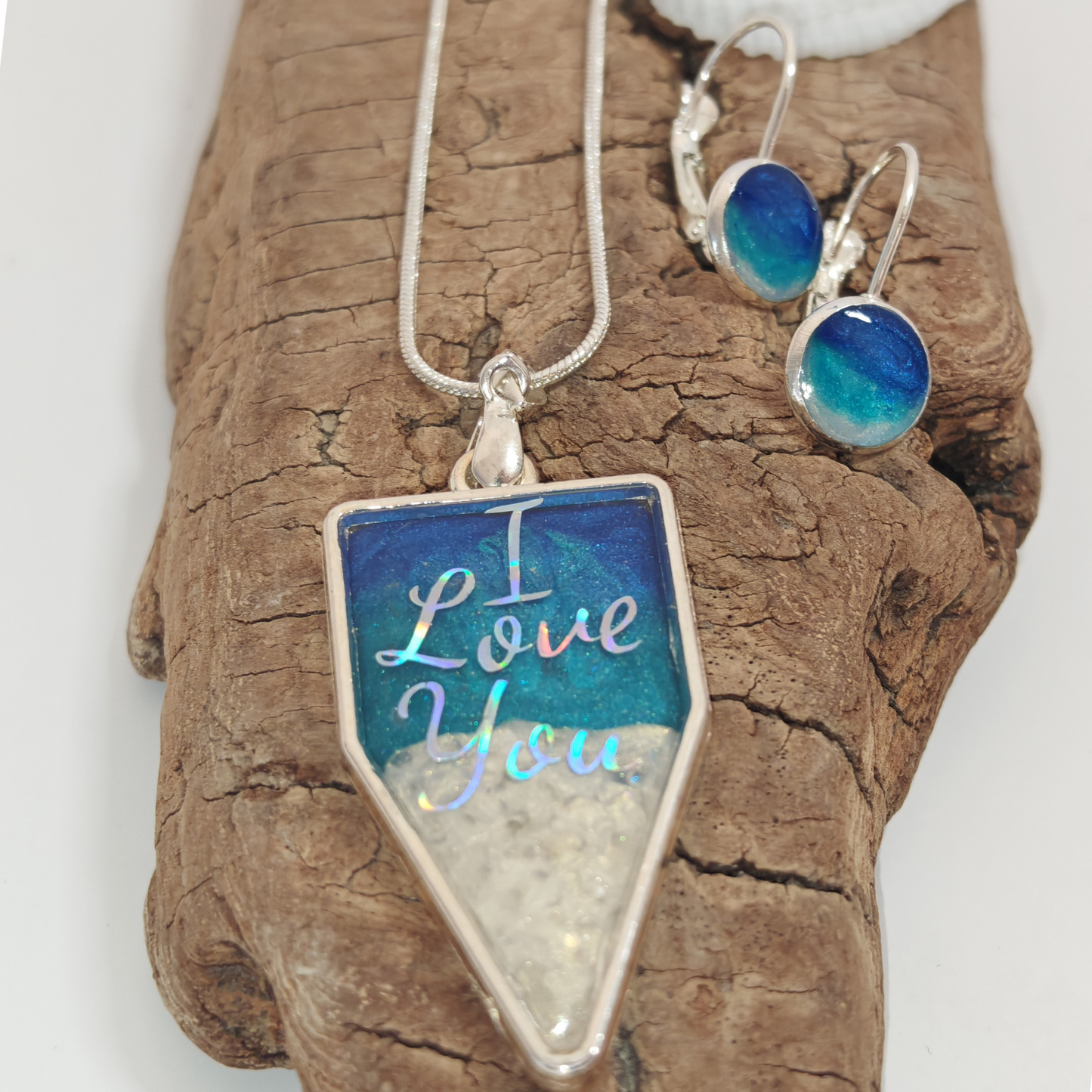 Personalized Necklace & Earrings Set – 925 Silver, Ocean Blue Design, Custom Letter & Secret Text
