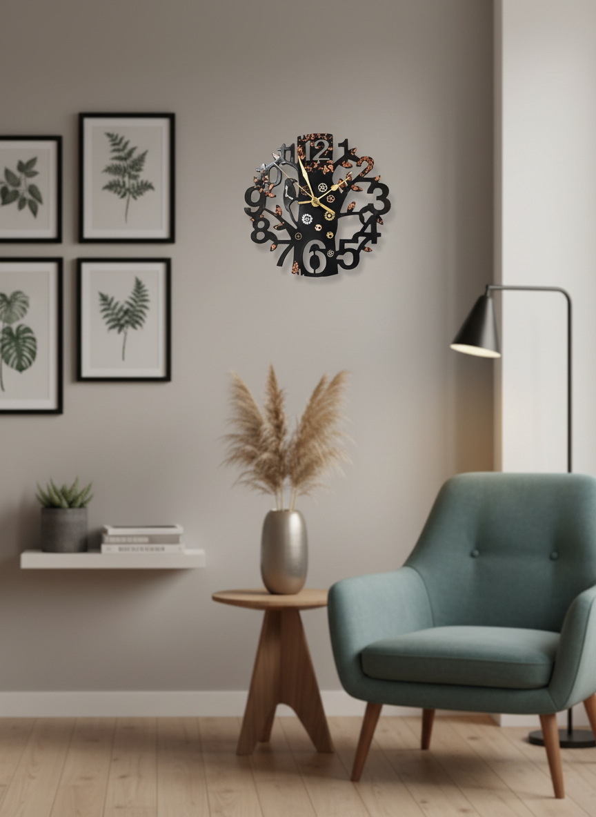 Wall Clock Epoxy Resin Steampunk with Copper Leaf – Handmade Epoxy Tree Clock with Gears – Custom Wall Art Gift for Men – Industrial Mechanical Style Decor