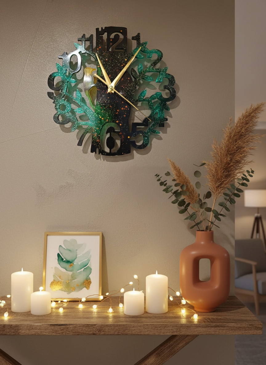 Wall Clock Epoxy Personalized – Handmade Tree Design with Bird – Custom Resin Wall Art Gift – Unique Nature Home Decor – Green Black Gold Modern Clock