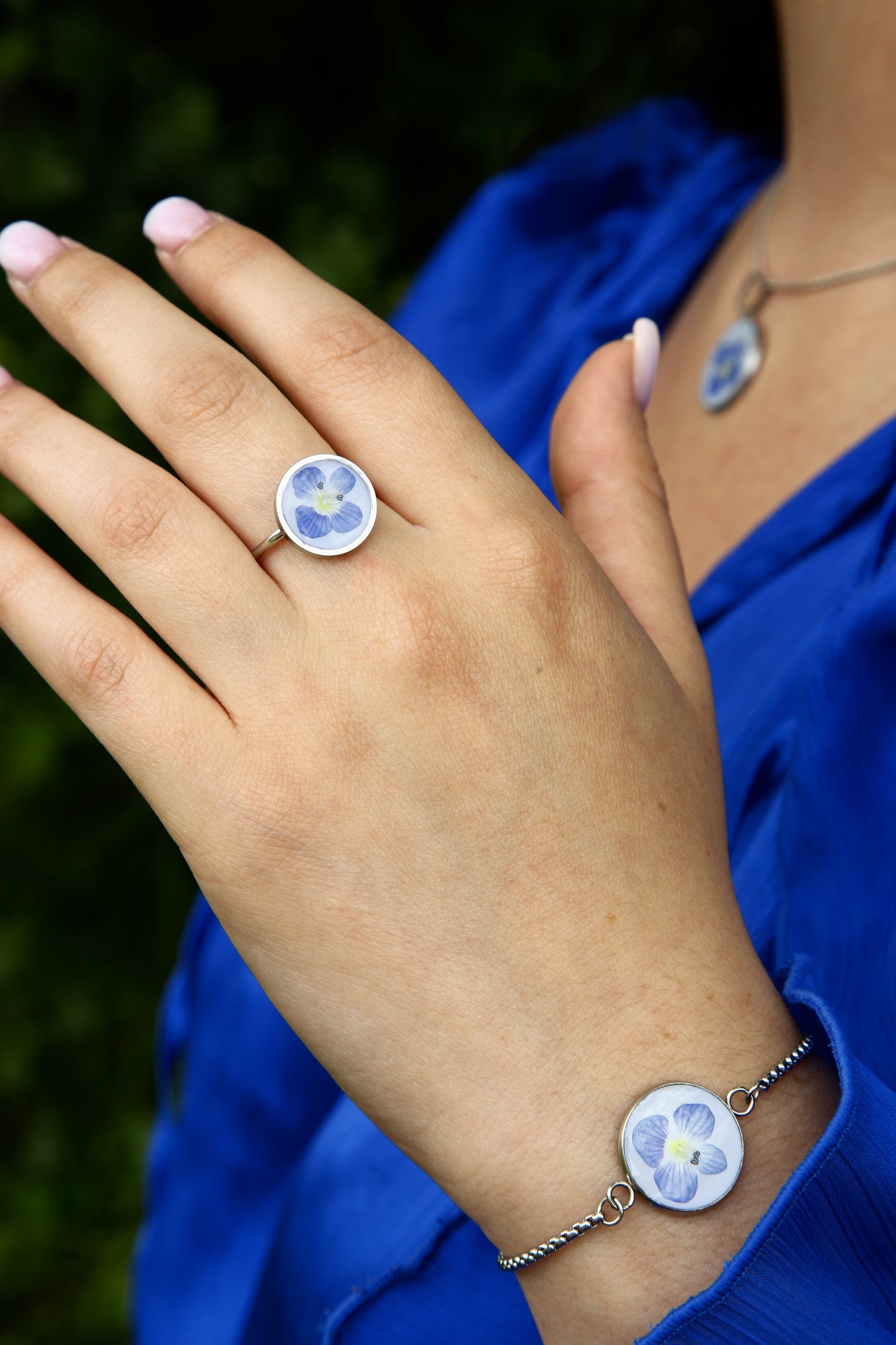 Jewelry Set – Real Blue Flower Bracelet, Necklace, Earrings & Ring - Stainless Steel