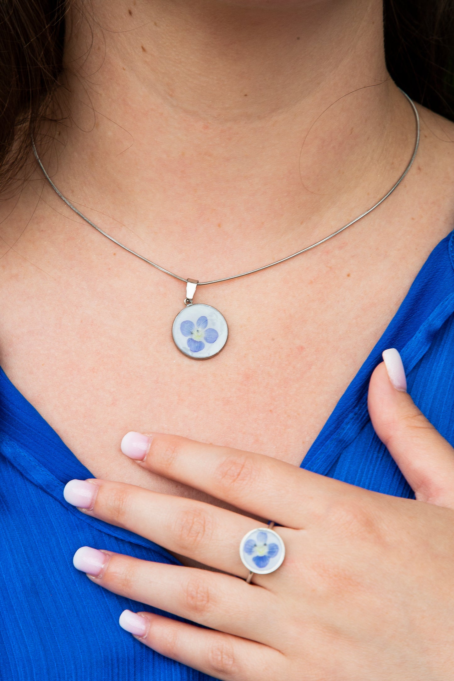 Jewelry Set – Real Blue Flower Bracelet, Necklace, Earrings & Ring - Stainless Steel
