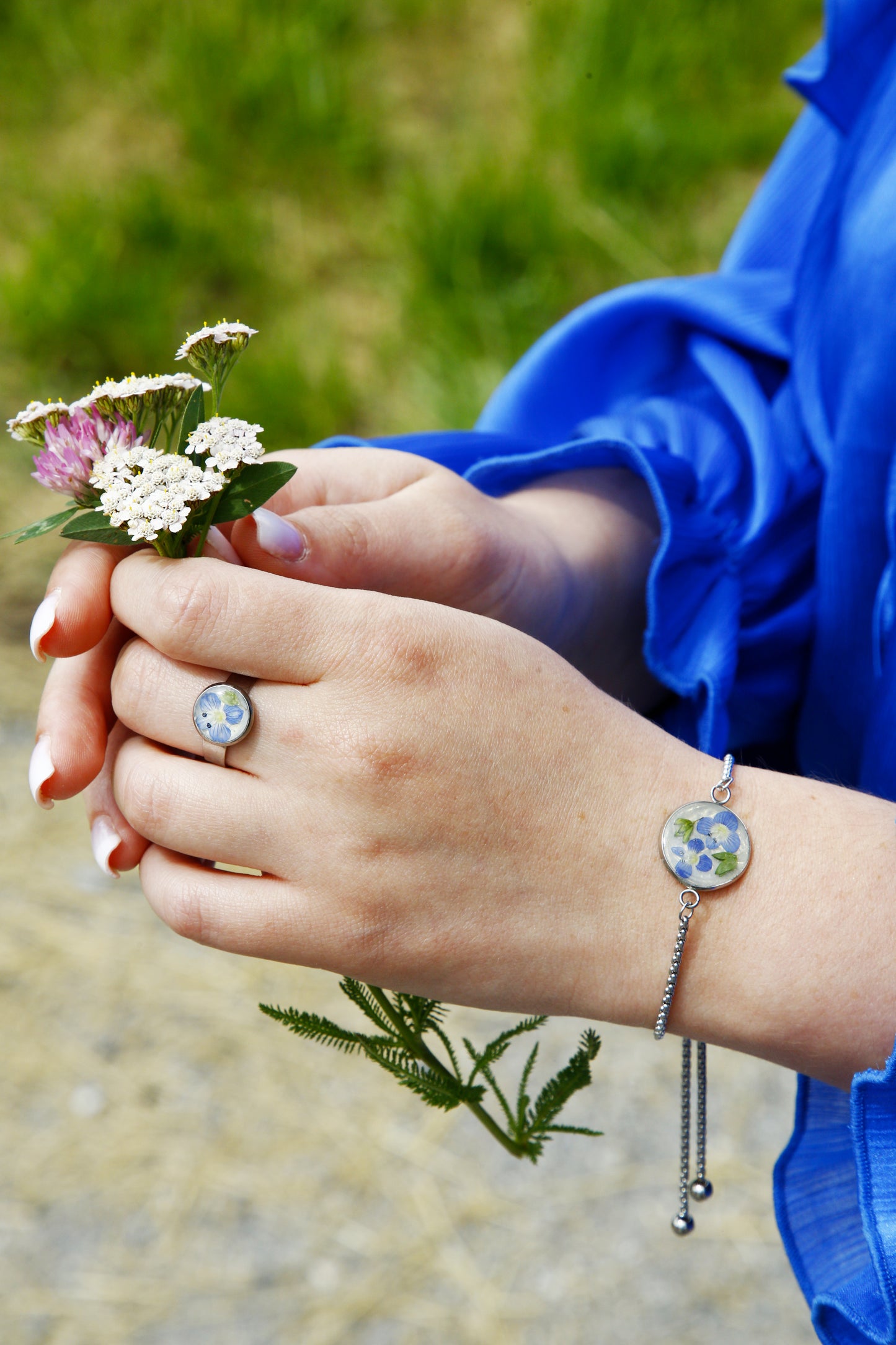 Jewelry Set – Real Blue Flower with Green Leaves & Gold Glitter Background - Stainless Steel Jewelry