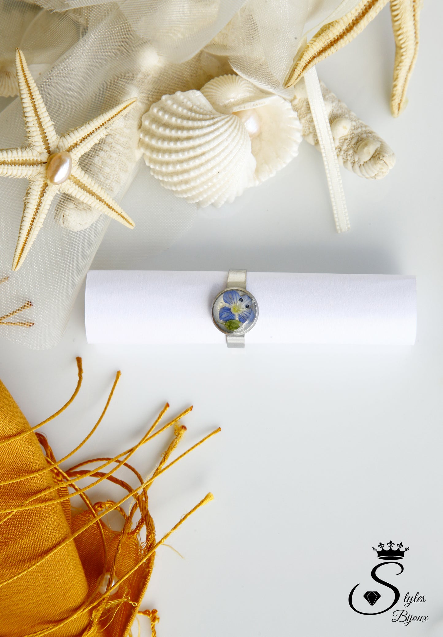 Jewelry Set – Real Blue Flower with Green Leaves & Gold Glitter Background - Stainless Steel Jewelry