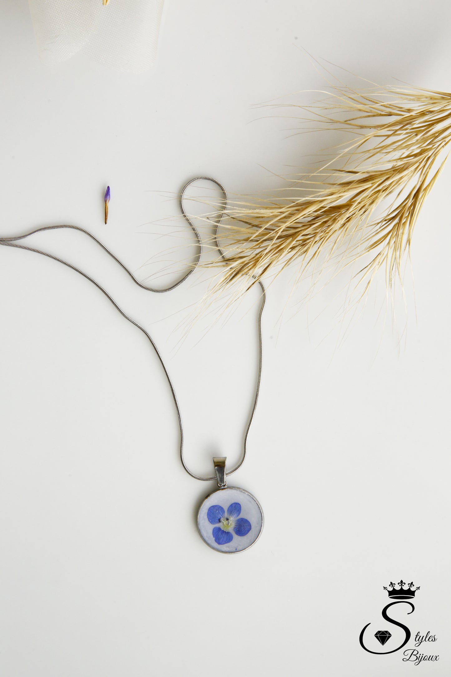 Jewelry Set – Real Blue Flower Bracelet, Necklace, Earrings & Ring - Stainless Steel