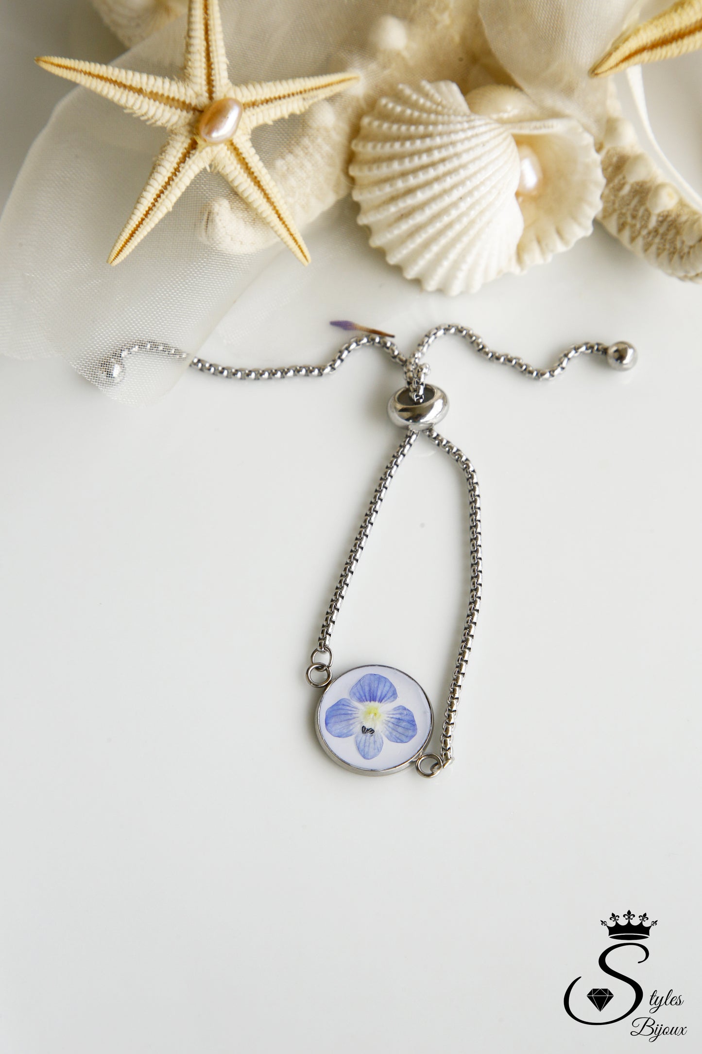 Jewelry Set – Real Blue Flower Bracelet, Necklace, Earrings & Ring - Stainless Steel