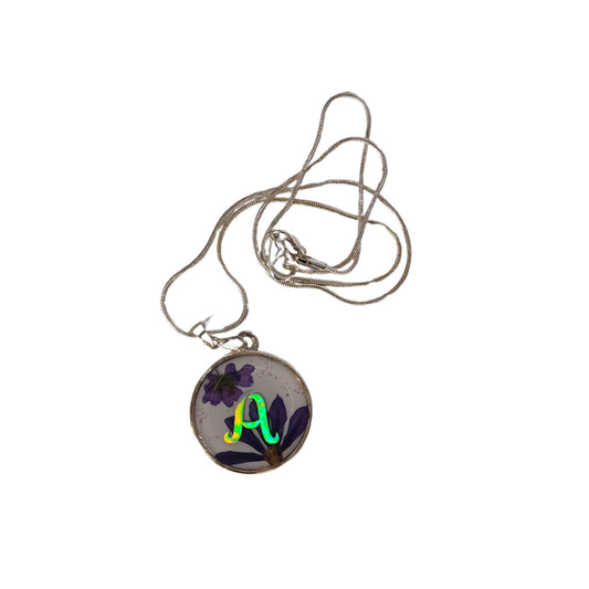 Personalized Violet Flower Necklace – Custom Initial & Backside Text, Handmade Silver 925