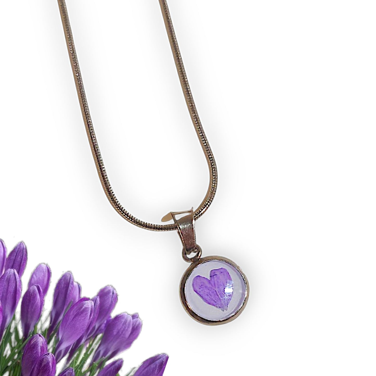 Stainless Steel Necklace – Real Flower Pendant (Blue, Purple Heart, Forget-Me-Not)
