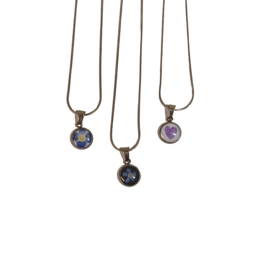 Stainless Steel Necklace – Real Flower Pendant (Blue, Purple Heart, Forget-Me-Not)