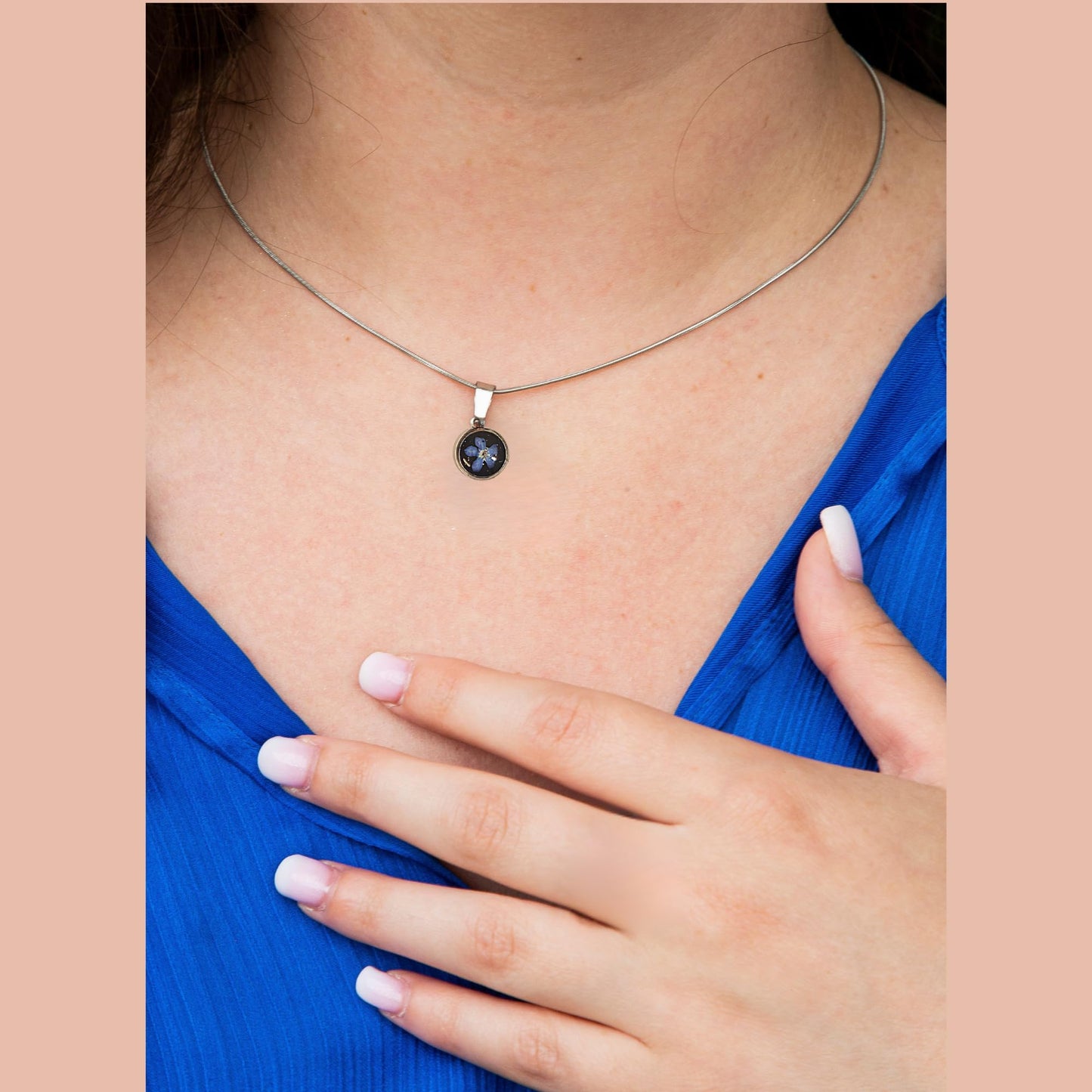 Stainless Steel Necklace – Real Flower Pendant (Blue, Purple Heart, Forget-Me-Not)