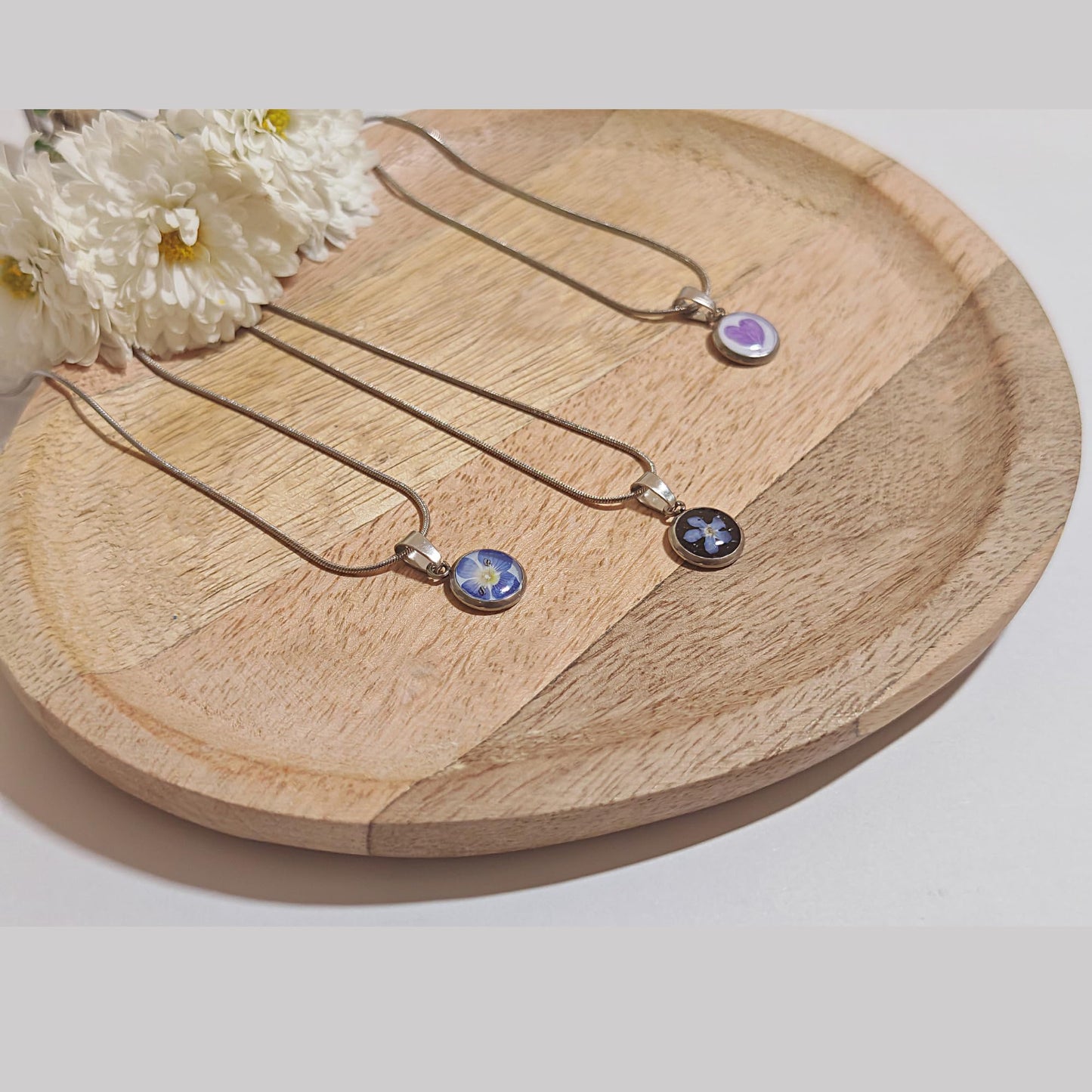 Stainless Steel Necklace – Real Flower Pendant (Blue, Purple Heart, Forget-Me-Not)