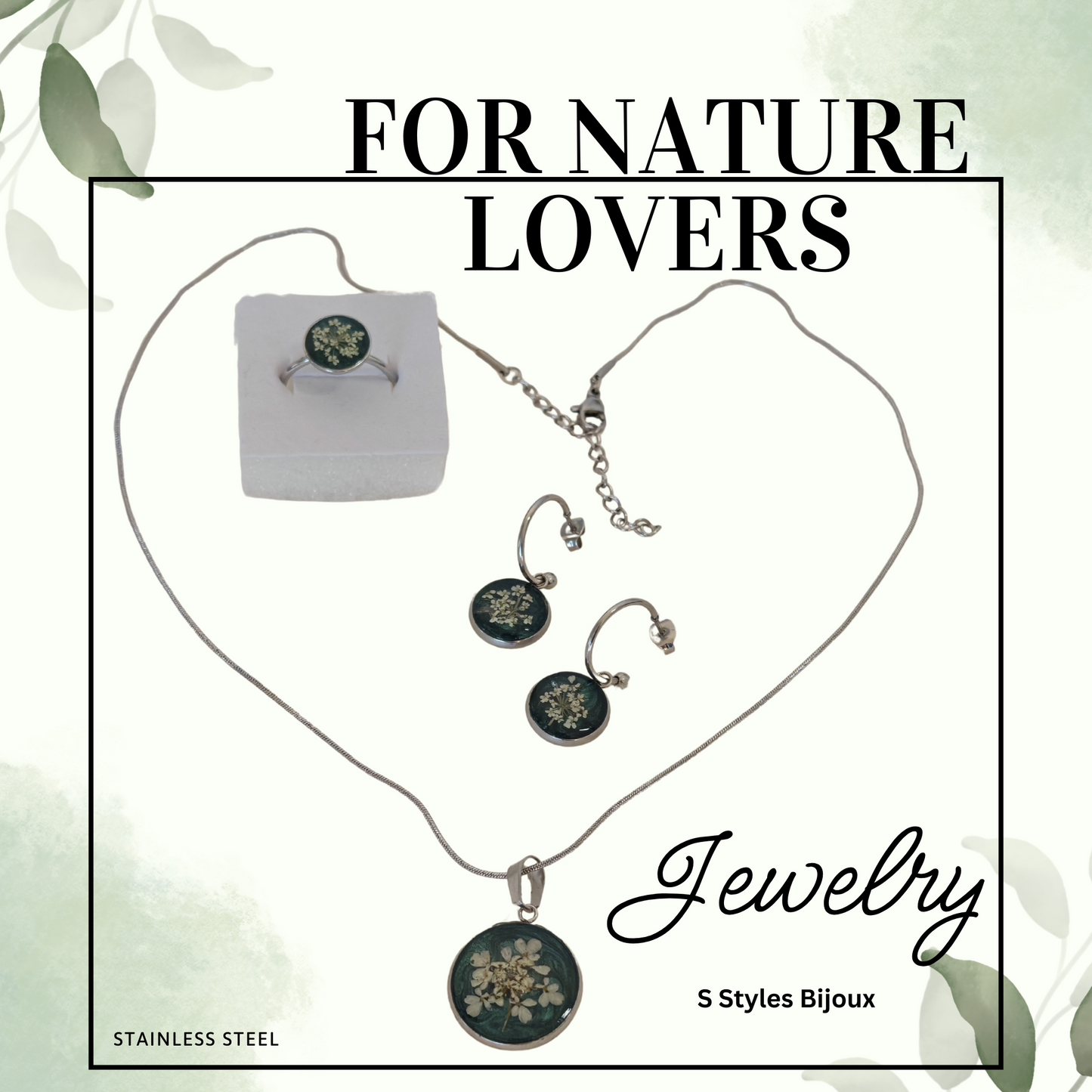 Jewelry Set – Real White Queen Anne’s Lace Flower with Green Glitter Background - Stainless Steel Jewelry