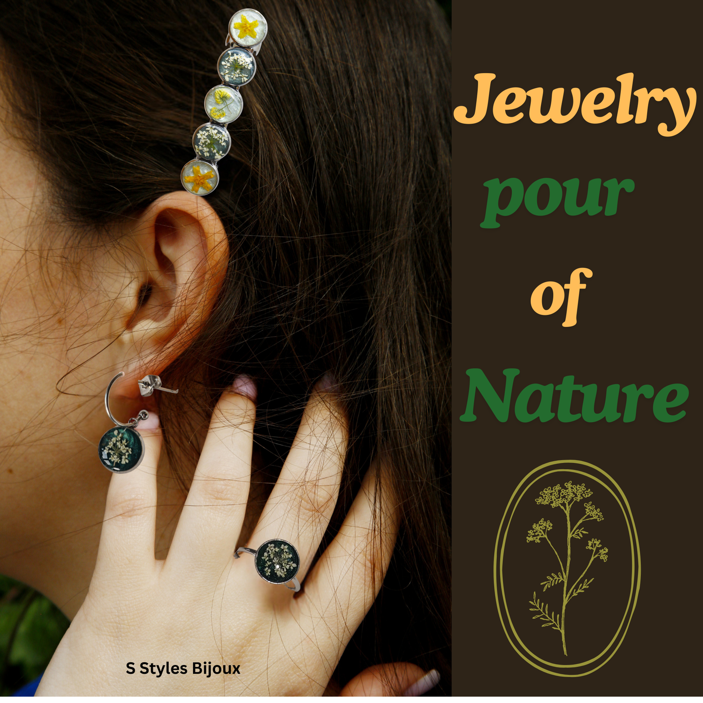 Jewelry Set – Real White Queen Anne’s Lace Flower with Green Glitter Background - Stainless Steel Jewelry