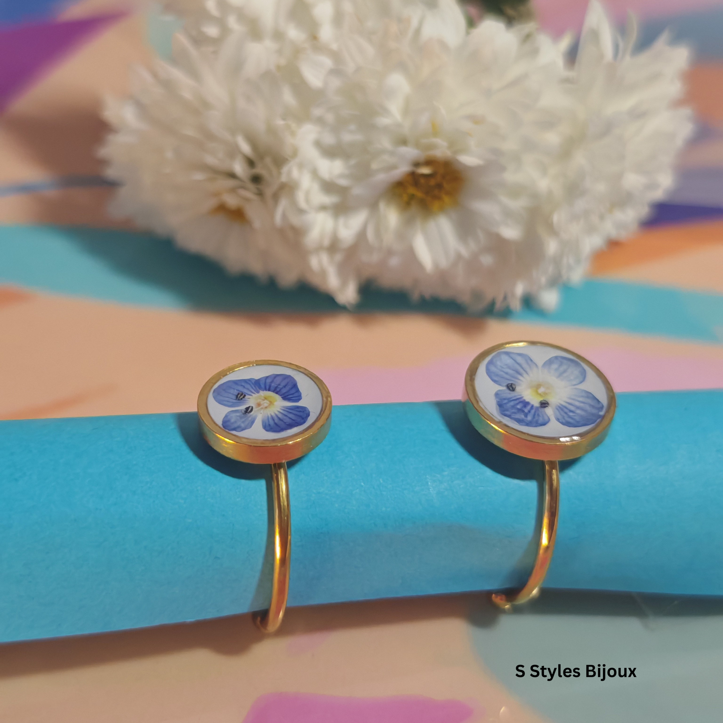Adjustable Blue Flower Ring – Handmade Stainless Steel Gold Real Dried Flower Jewelry (10 mm / 12 mm)