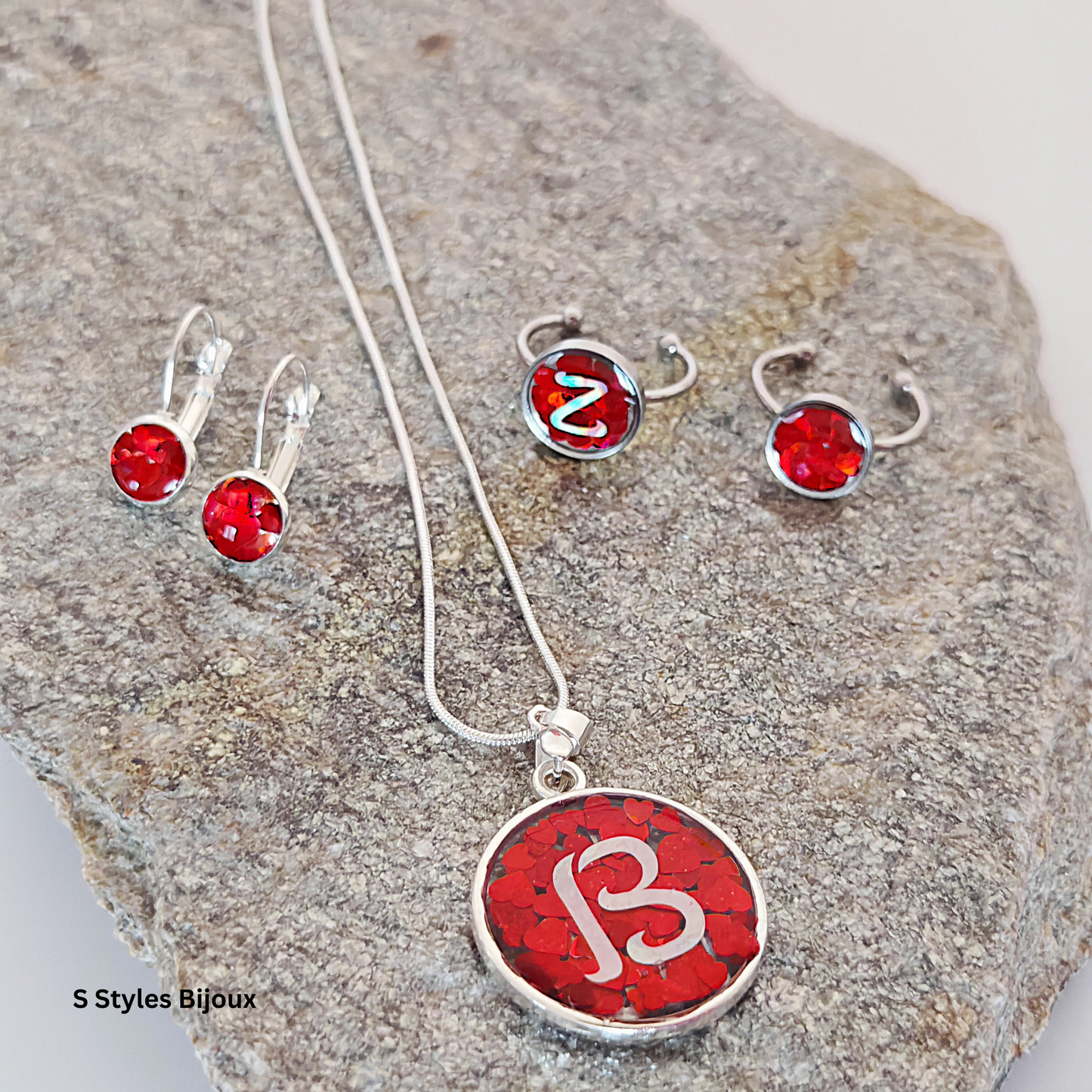 Personalized Jewelry Set – Red Heart Design with Custom Letter (Necklace, Earrings & Adjustable Ring) - Sterling Silver Jewelry Set