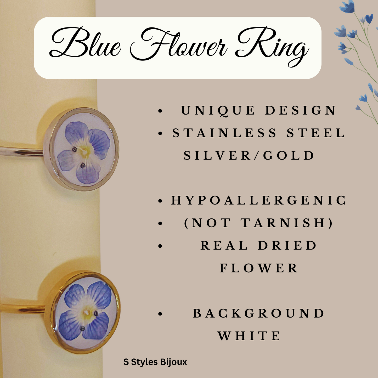 Adjustable Blue Flower Ring – Handmade Stainless Steel Real Dried Flower Jewelry (Silver/Gold)