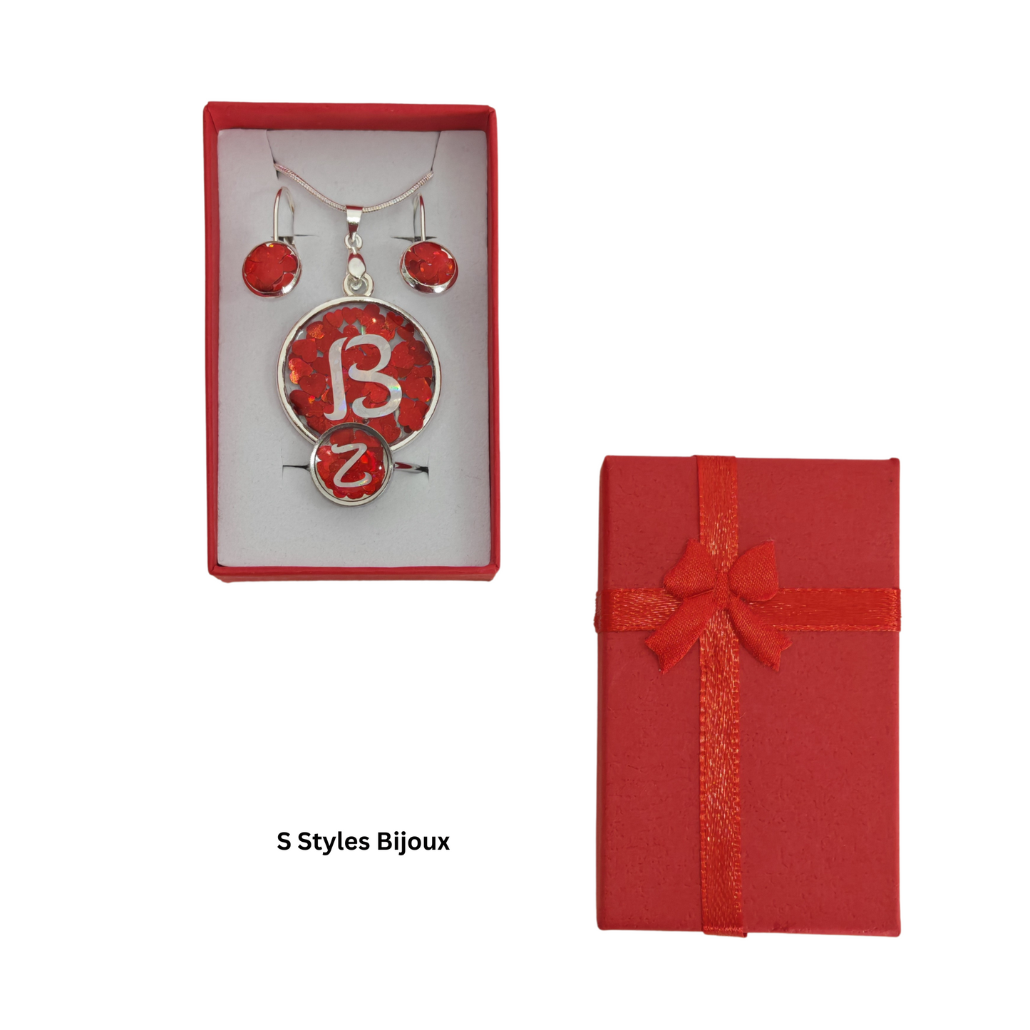 Personalized Jewelry Set – Red Heart Design with Custom Letter (Necklace, Earrings & Adjustable Ring) - Sterling Silver Jewelry Set