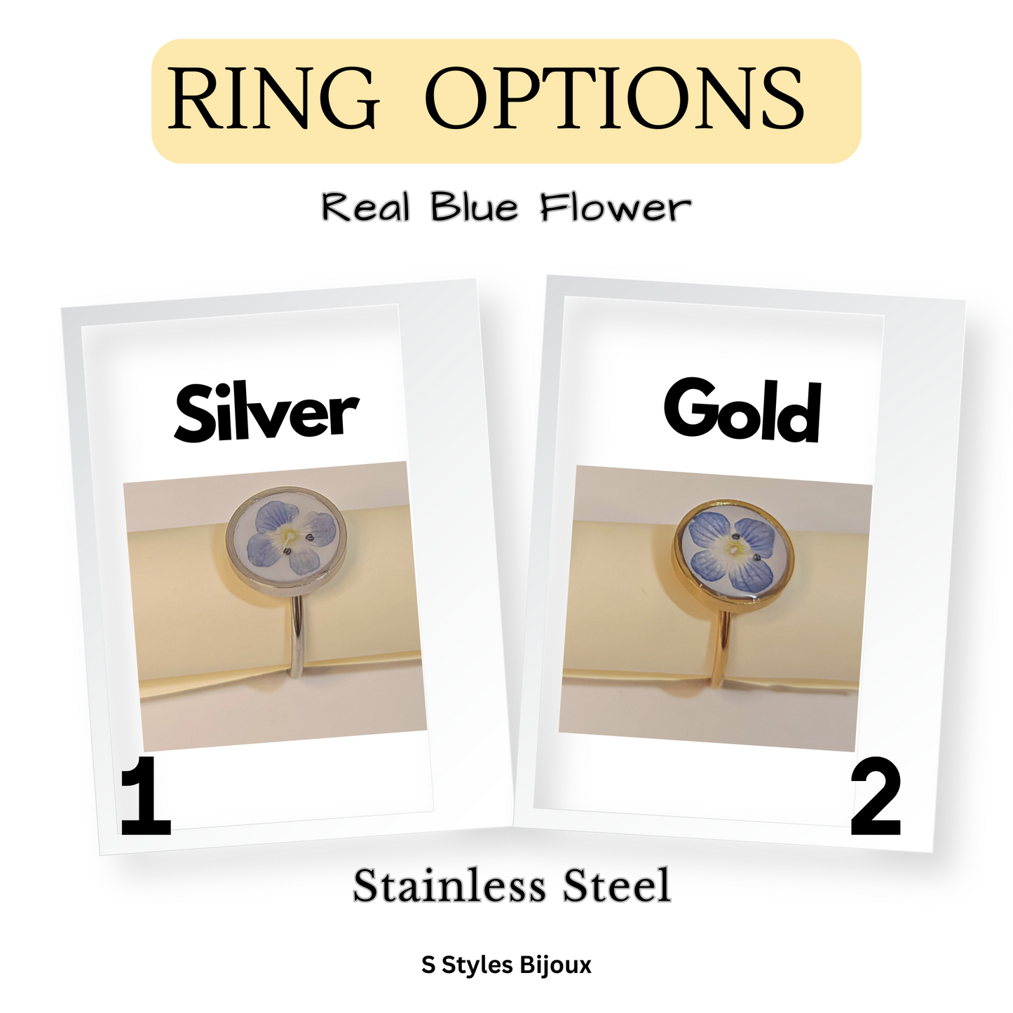 Adjustable Blue Flower Ring – Handmade Stainless Steel Real Dried Flower Jewelry (Silver/Gold)