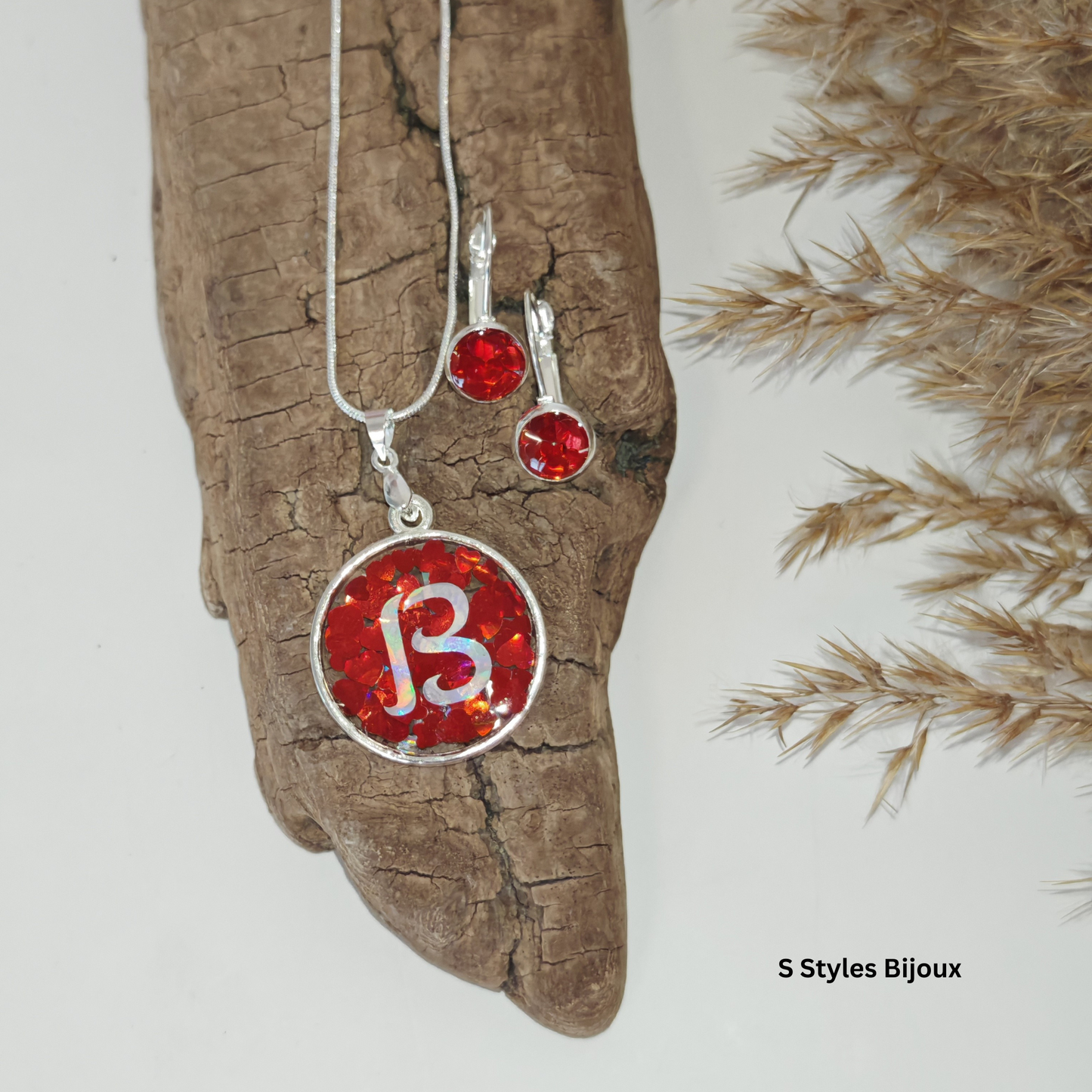 Personalized Jewelry Set – Red Heart Design with Custom Letter (Necklace, Earrings & Adjustable Ring) - Sterling Silver Jewelry Set