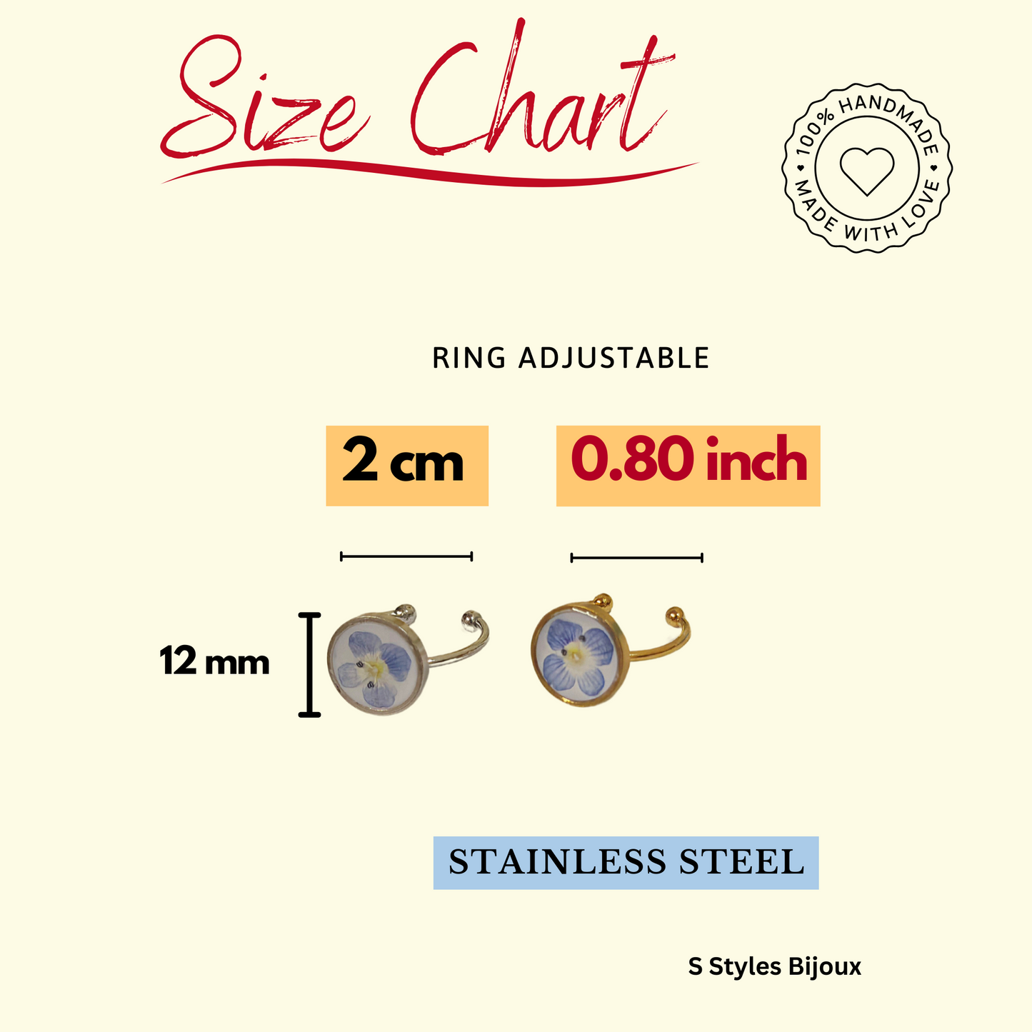 Adjustable Blue Flower Ring – Handmade Stainless Steel Real Dried Flower Jewelry (Silver/Gold)
