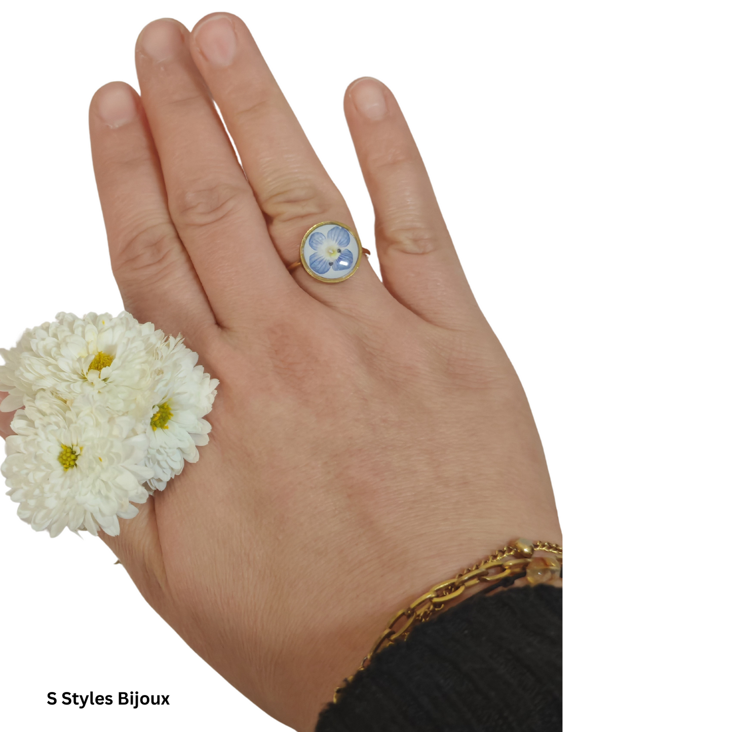 Adjustable Blue Flower Ring – Handmade Stainless Steel Real Dried Flower Jewelry (Silver/Gold)