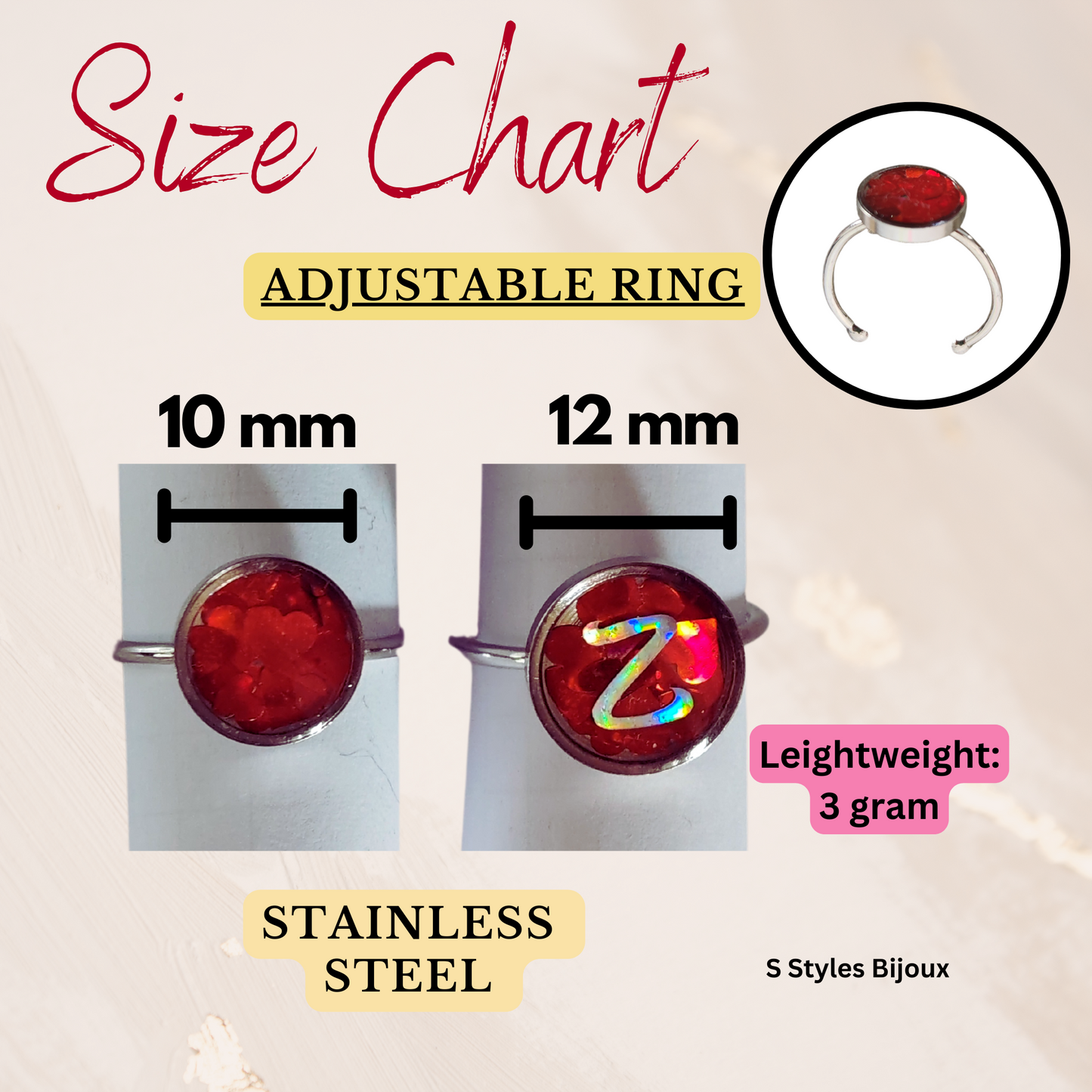 Adjustable Red Heart Ring – Handmade Stainless Steel Resin Ring with Sequin Design (10 mm / 12 mm, Optional Letter)