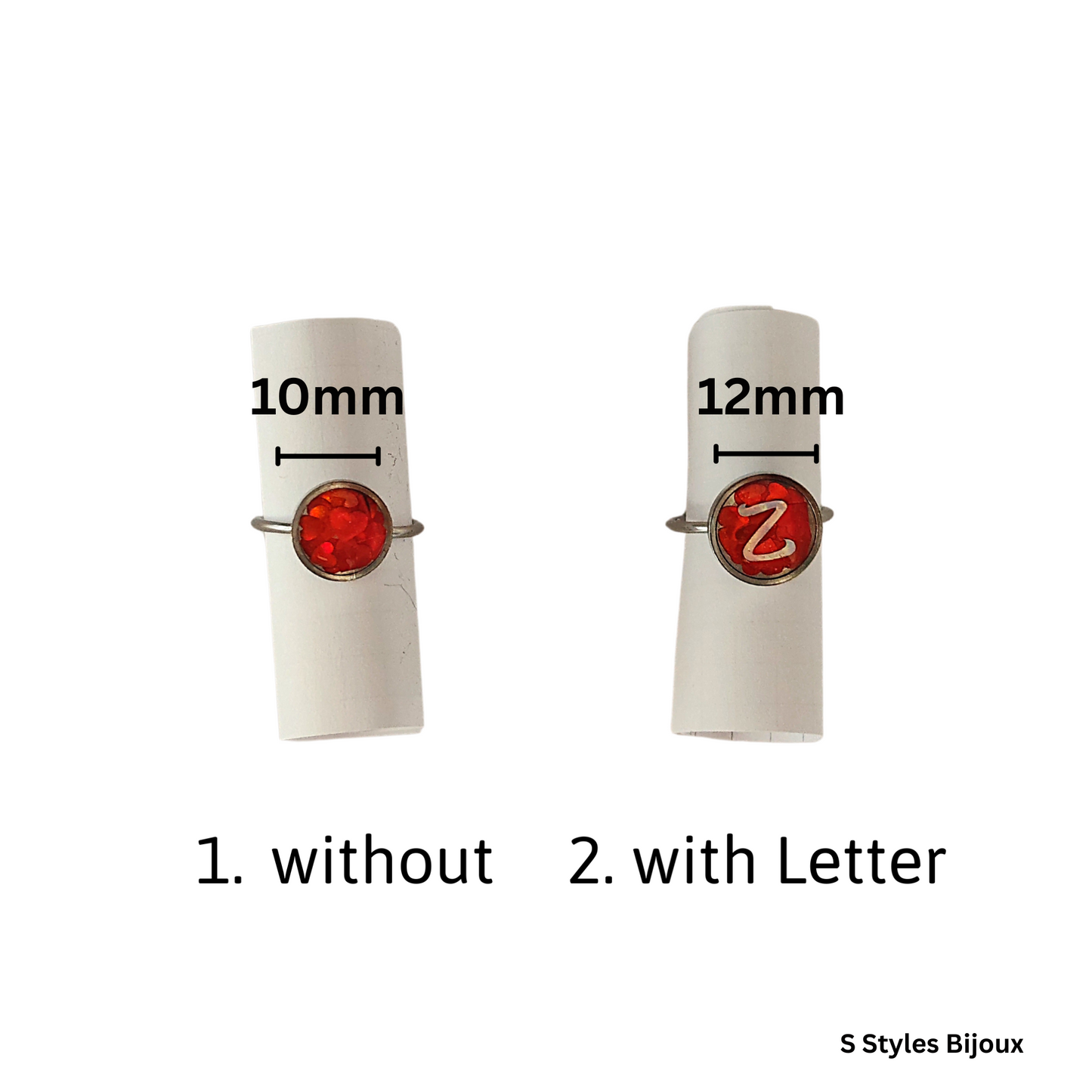 Adjustable Red Heart Ring – Handmade Stainless Steel Resin Ring with Sequin Design (10 mm / 12 mm, Optional Letter)