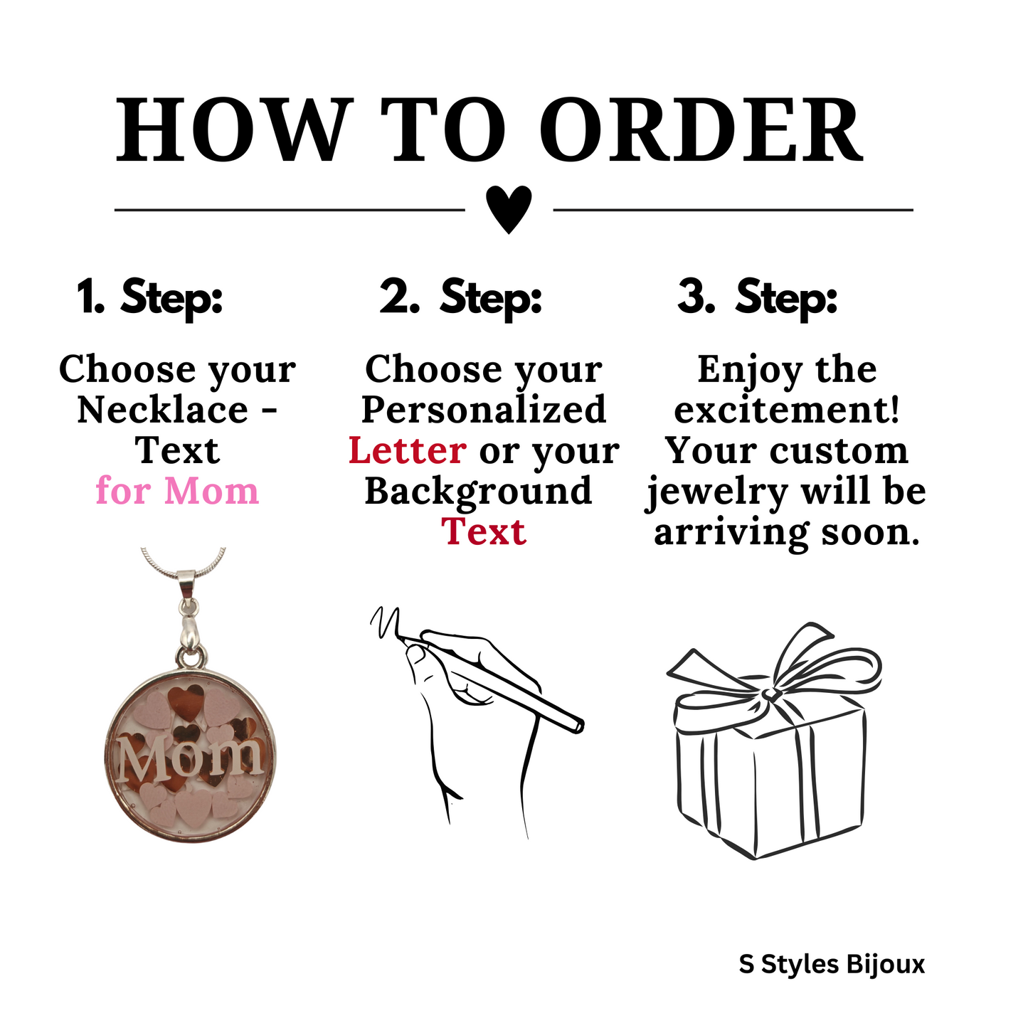 Personalized Mom Necklace – Choose Text & Color, Handmade Silver 925 Pendant with Heart Background