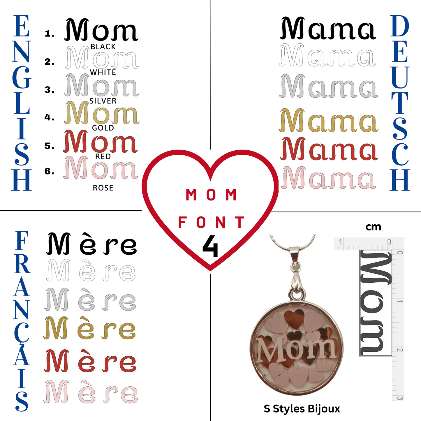 Personalized Mom Necklace – Choose Text & Color, Handmade Silver 925 Pendant with Heart Background
