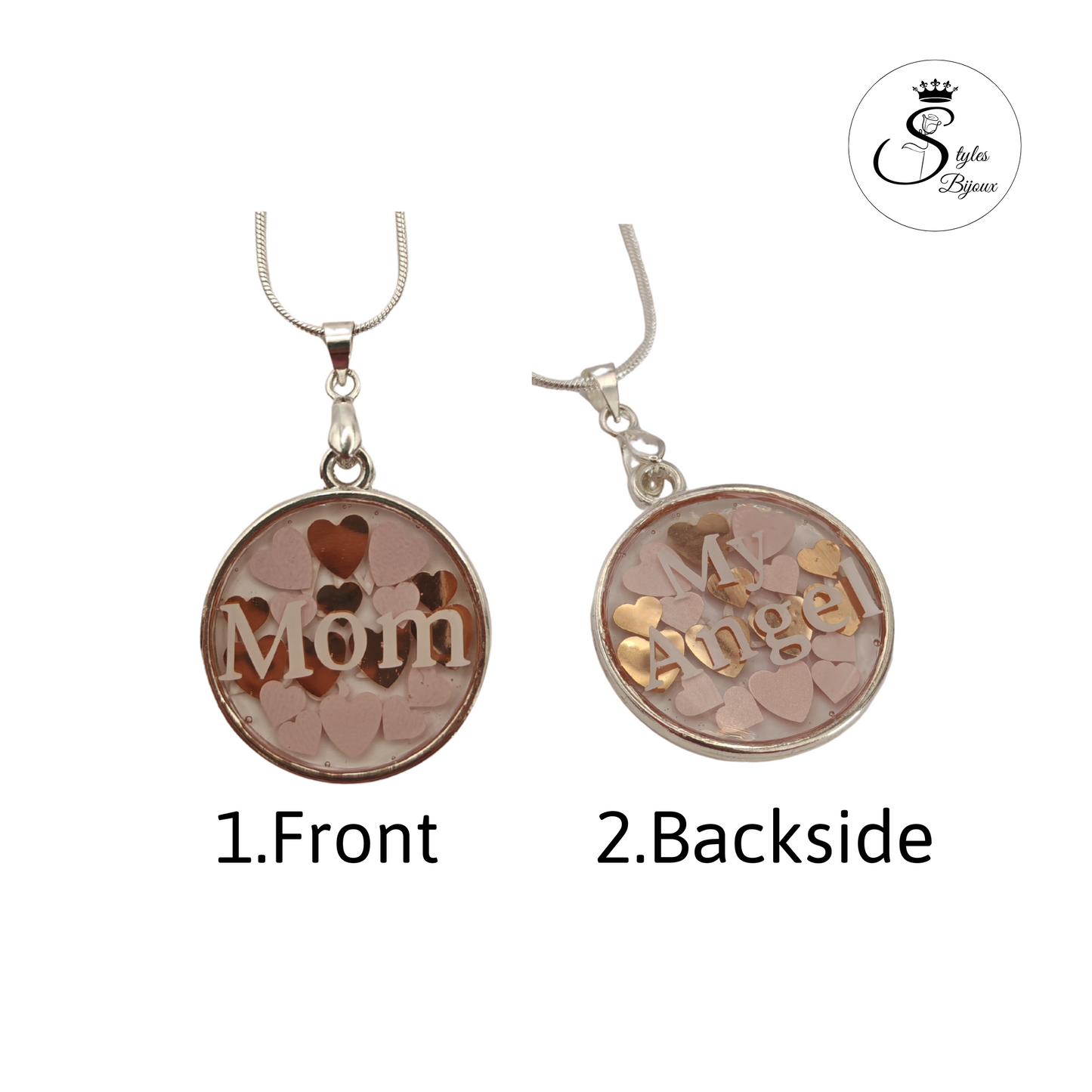 Personalized Mom Necklace – Choose Text & Color, Handmade Silver 925 Pendant with Heart Background