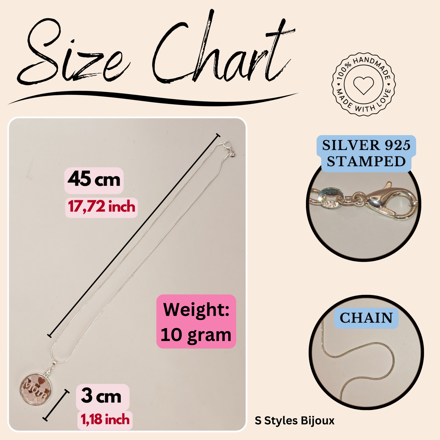Personalized Mom Necklace – Choose Text & Color, Handmade Silver 925 Pendant with Heart Background
