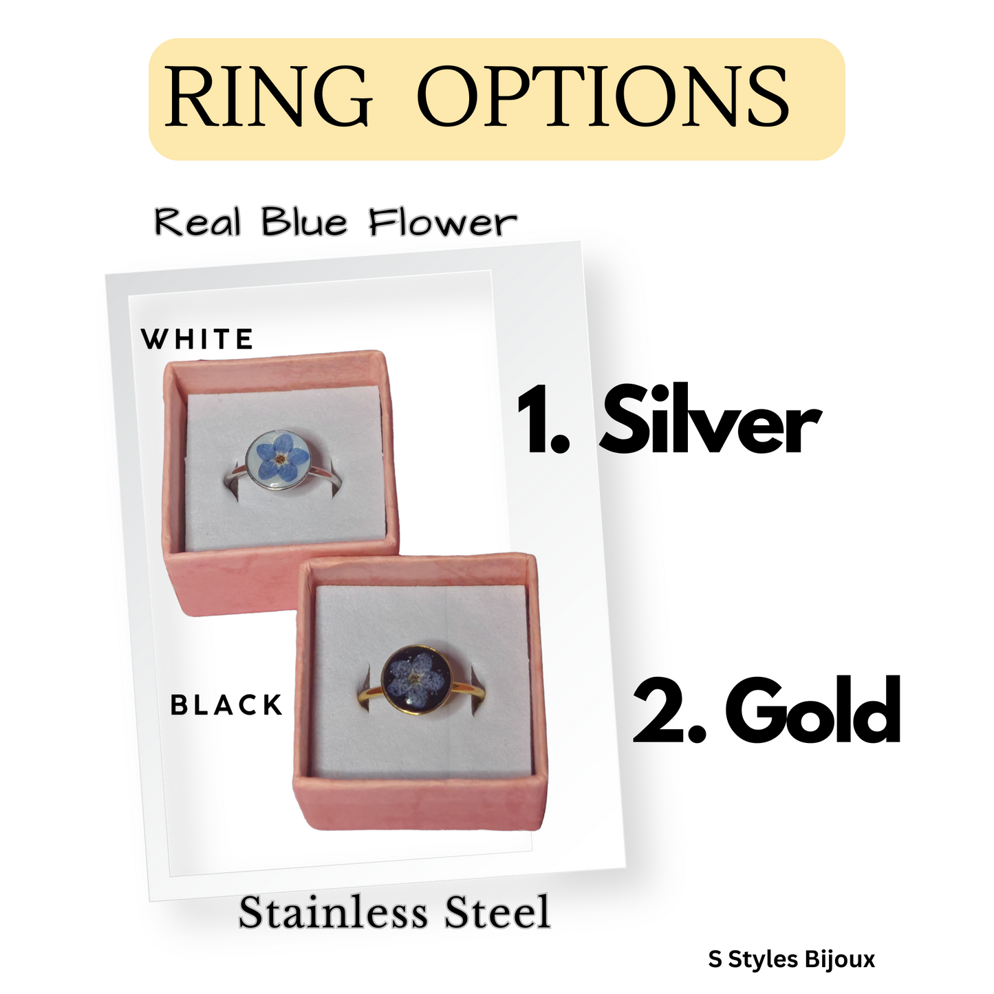 Adjustable Forget-me-not Flower Ring – Handmade Stainless Steel Ring (Silver/Gold, White/Black Background)