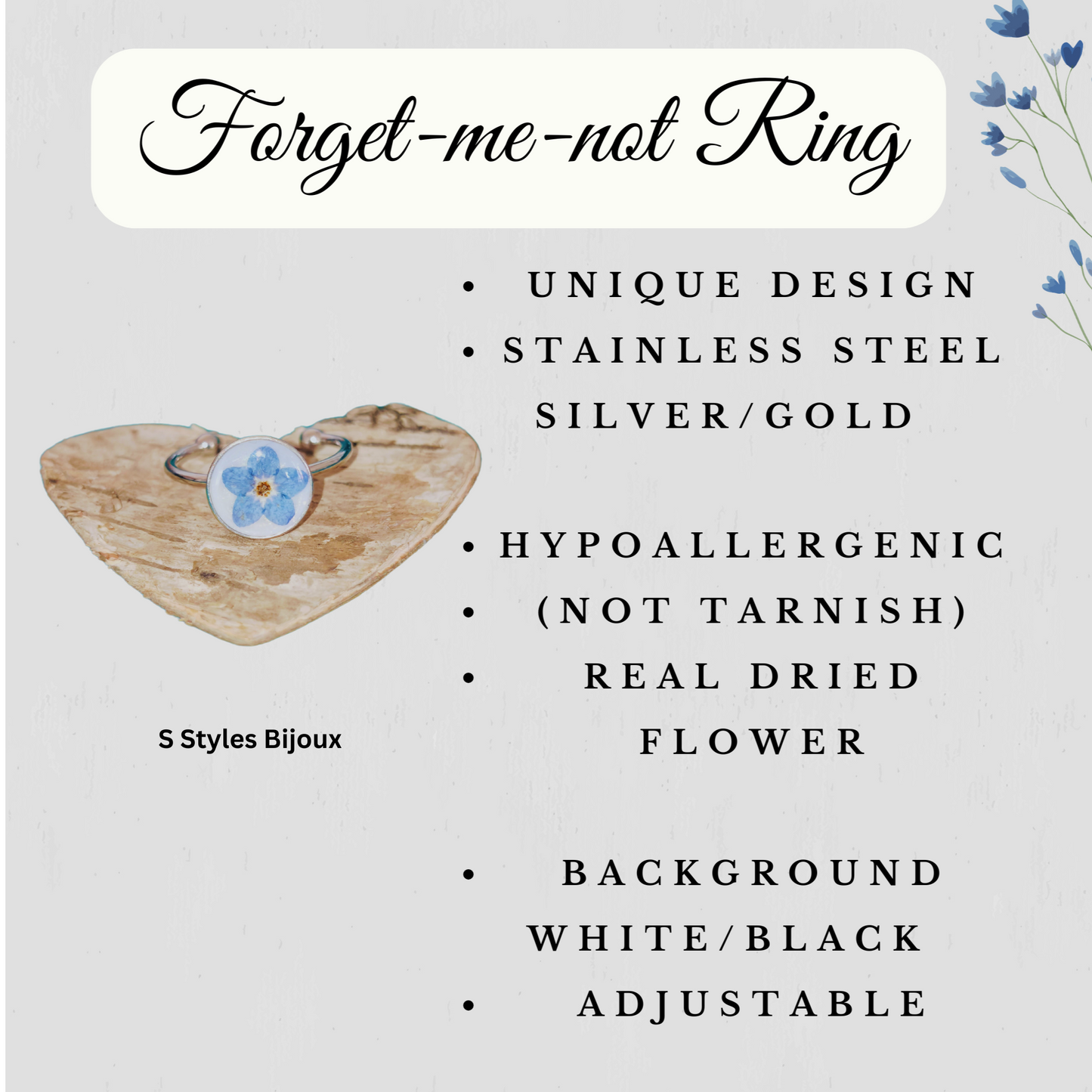 Adjustable Forget-me-not Flower Ring – Handmade Stainless Steel Ring (Silver/Gold, White/Black Background)