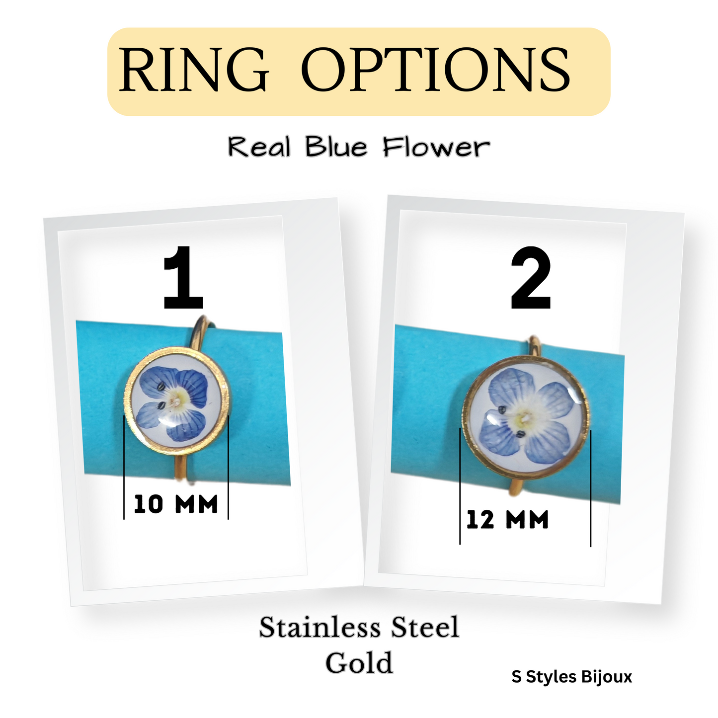 Adjustable Blue Flower Ring – Handmade Stainless Steel Gold Real Dried Flower Jewelry (10 mm / 12 mm)