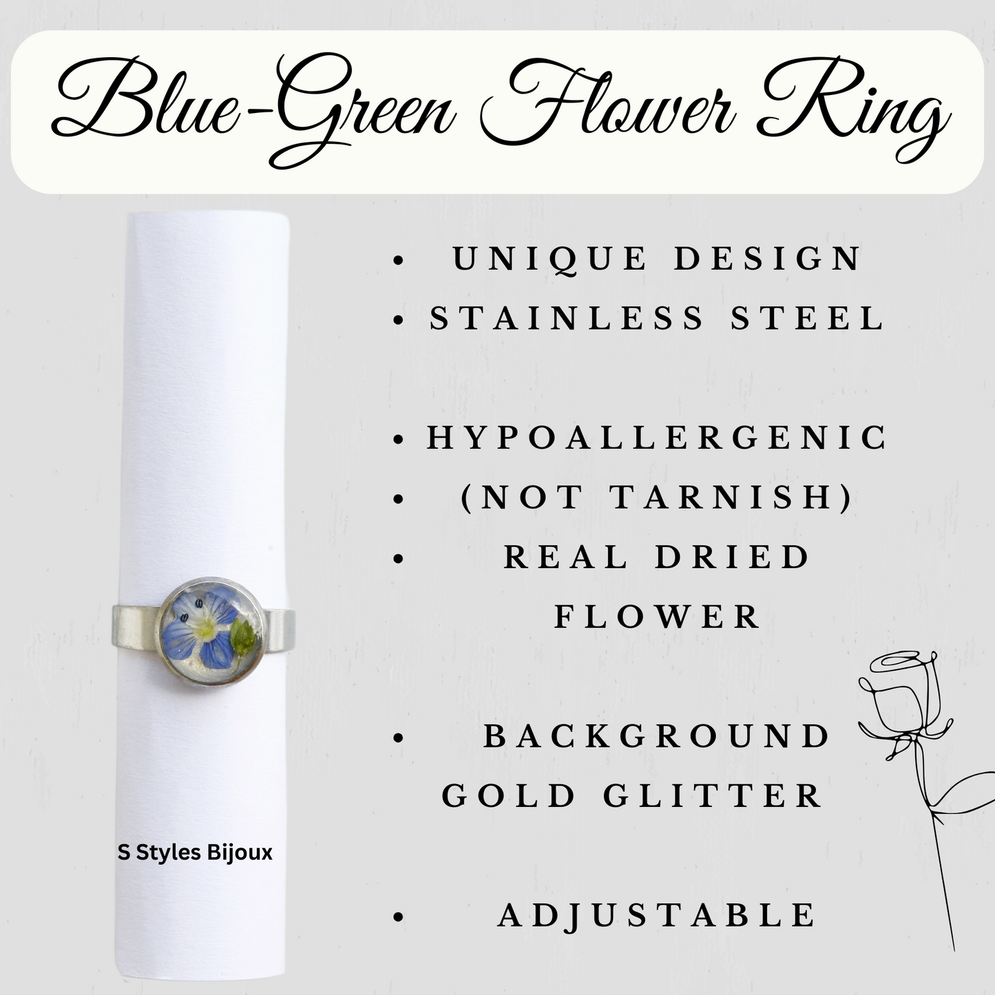 Adjustable Blue-Green Flower Ring – Handmade Stainless Steel  Ring with Real Dried Flower & Gold Glitter Background