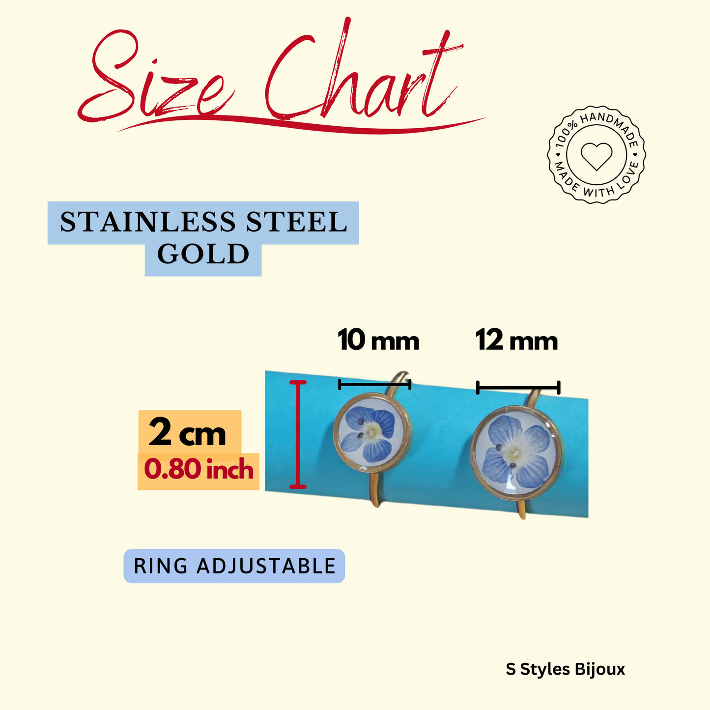 Adjustable Blue Flower Ring – Handmade Stainless Steel Gold Real Dried Flower Jewelry (10 mm / 12 mm)