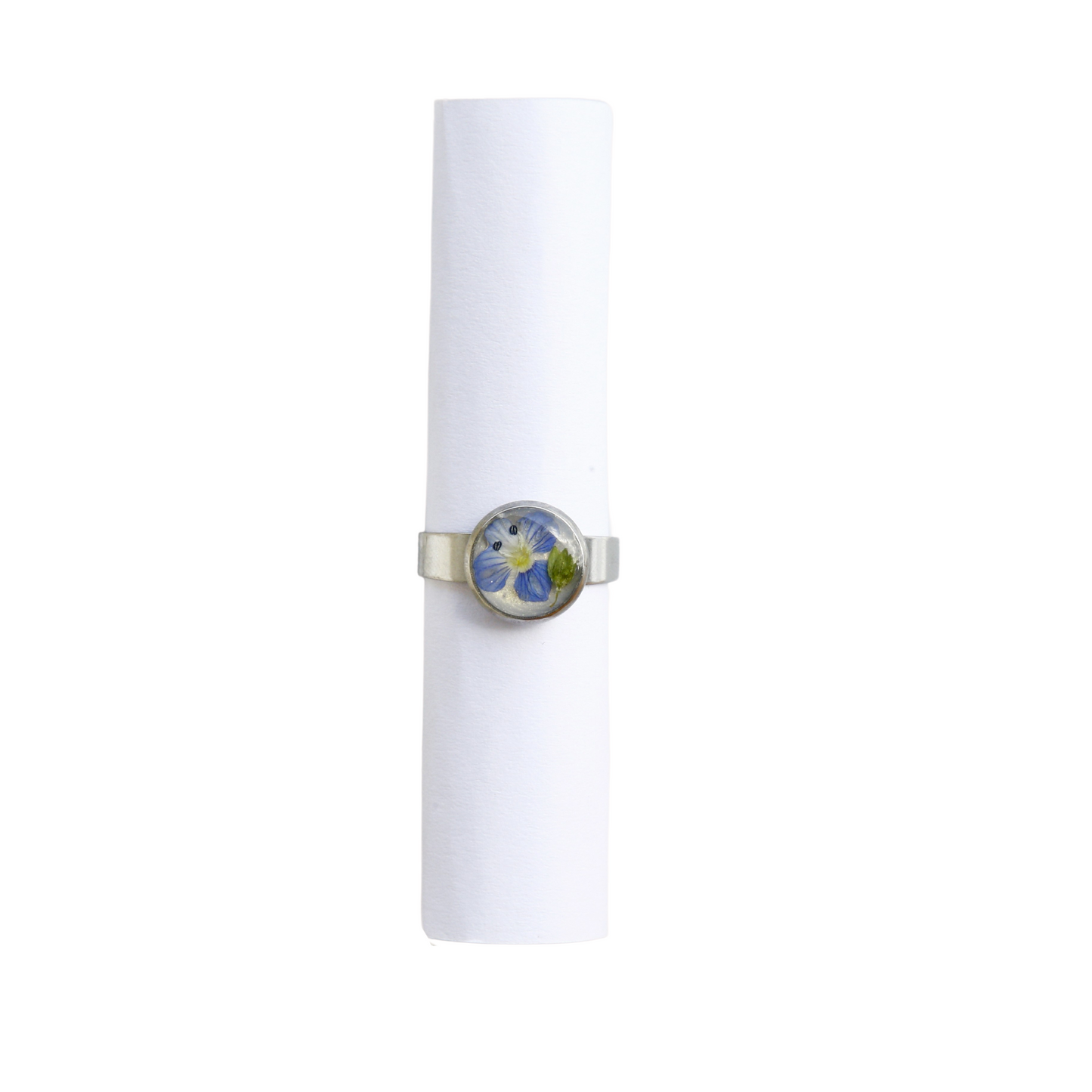 Adjustable Blue-Green Flower Ring – Handmade Stainless Steel  Ring with Real Dried Flower & Gold Glitter Background