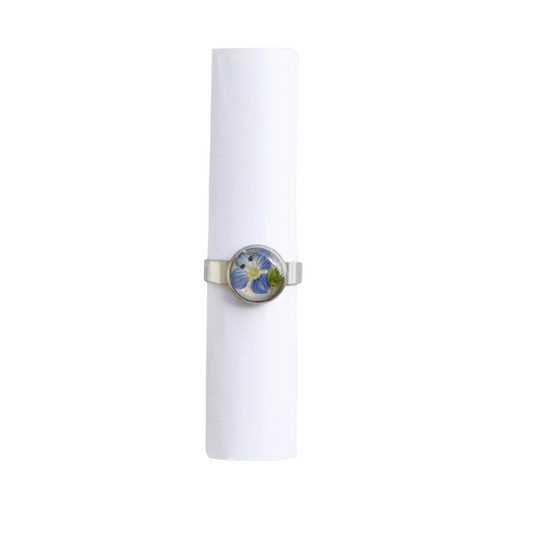 Adjustable Blue-Green Flower Ring – Handmade Stainless Steel  Ring with Real Dried Flower & Gold Glitter Background