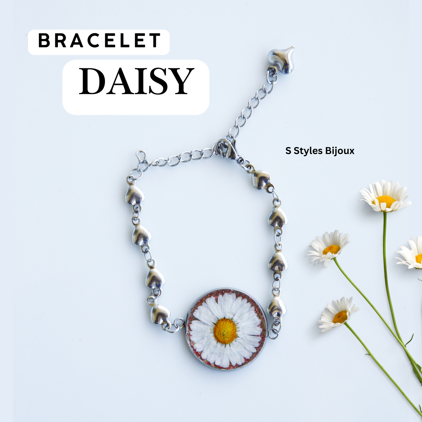Bracelet Chain – Real Daisy Flower with Pink Glitter Background - Handmade Jewelry
