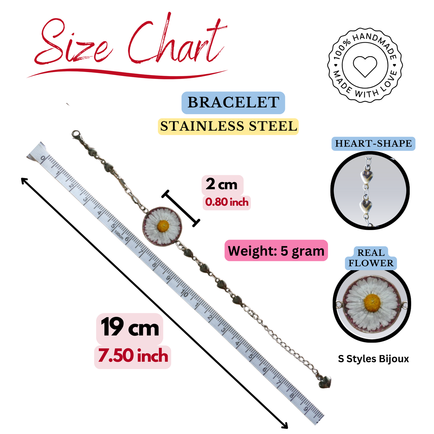 Bracelet Chain – Real Daisy Flower with Pink Glitter Background - Handmade Jewelry