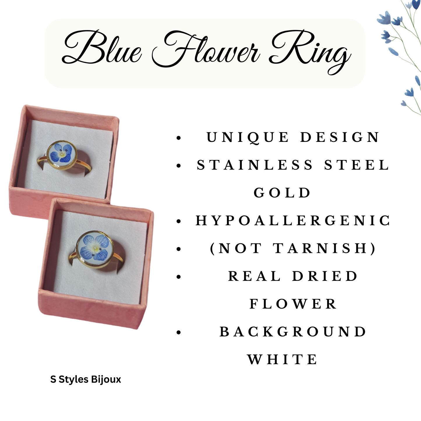 Adjustable Blue Flower Ring – Handmade Stainless Steel Gold Real Dried Flower Jewelry (10 mm / 12 mm)