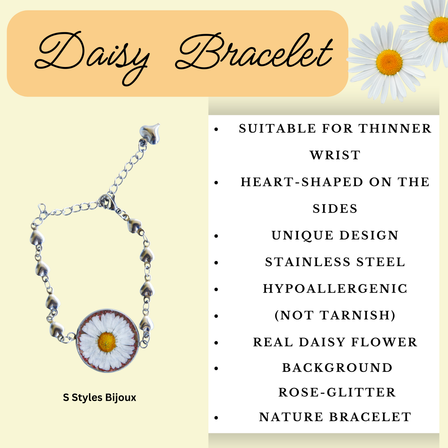 Bracelet Chain – Real Daisy Flower with Pink Glitter Background - Handmade Jewelry