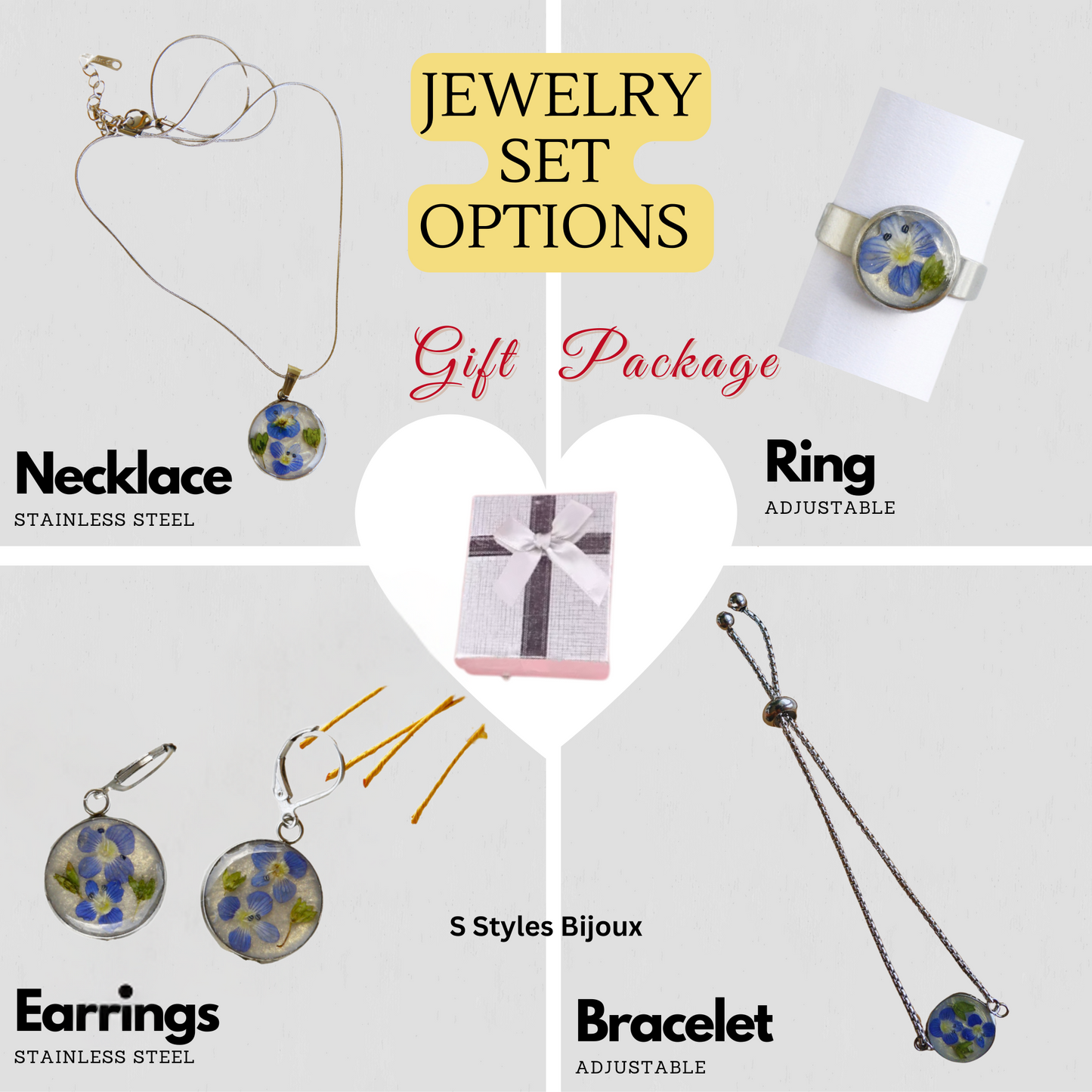 Jewelry Set – Real Blue Flower with Green Leaves & Gold Glitter Background - Stainless Steel Jewelry