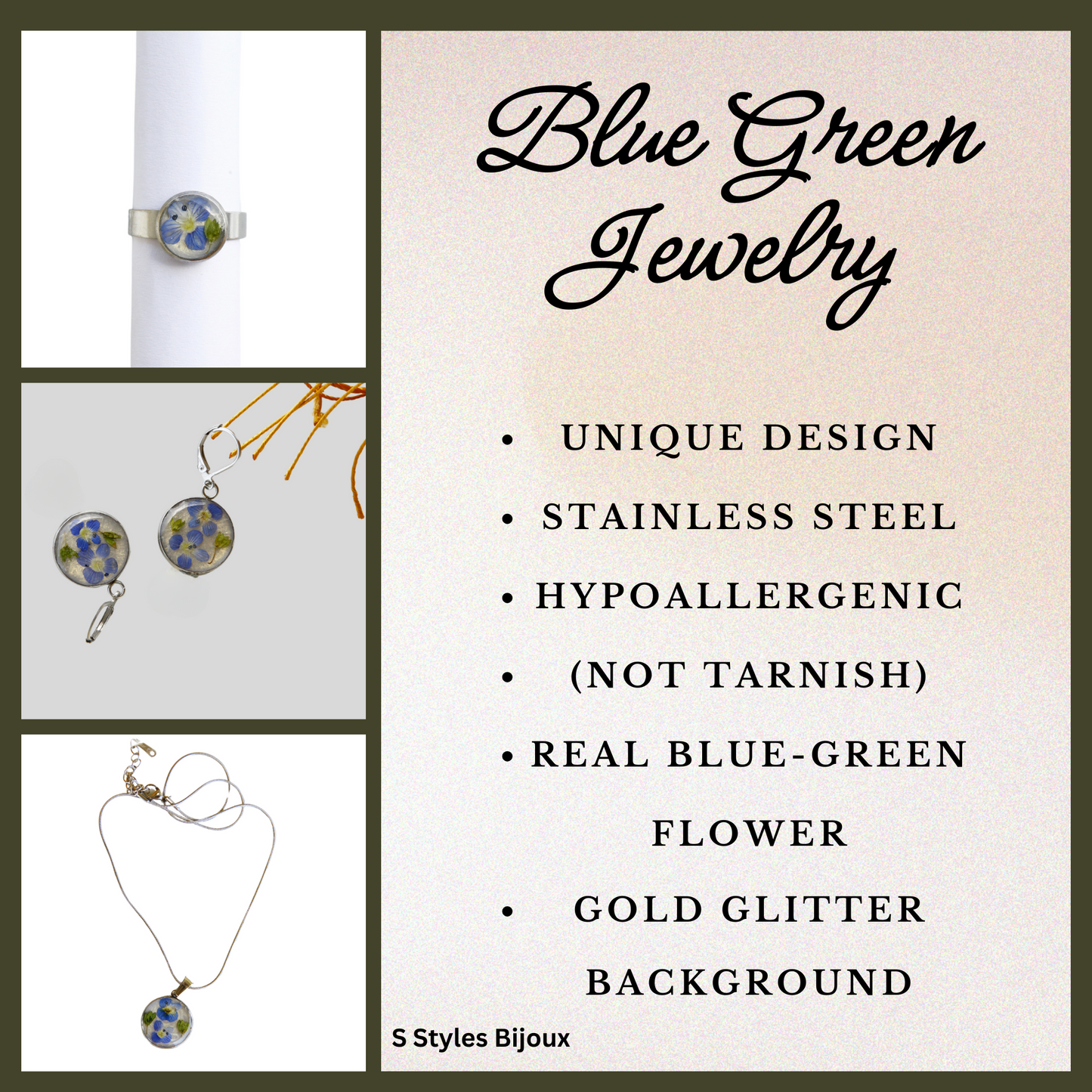 Jewelry Set – Real Blue Flower with Green Leaves & Gold Glitter Background - Stainless Steel Jewelry