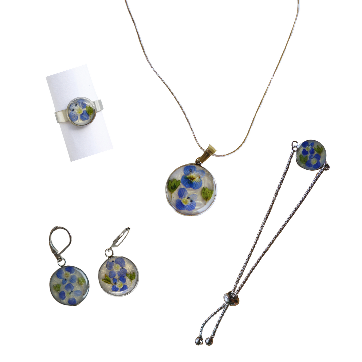 Jewelry Set – Real Blue Flower with Green Leaves & Gold Glitter Background - Stainless Steel Jewelry